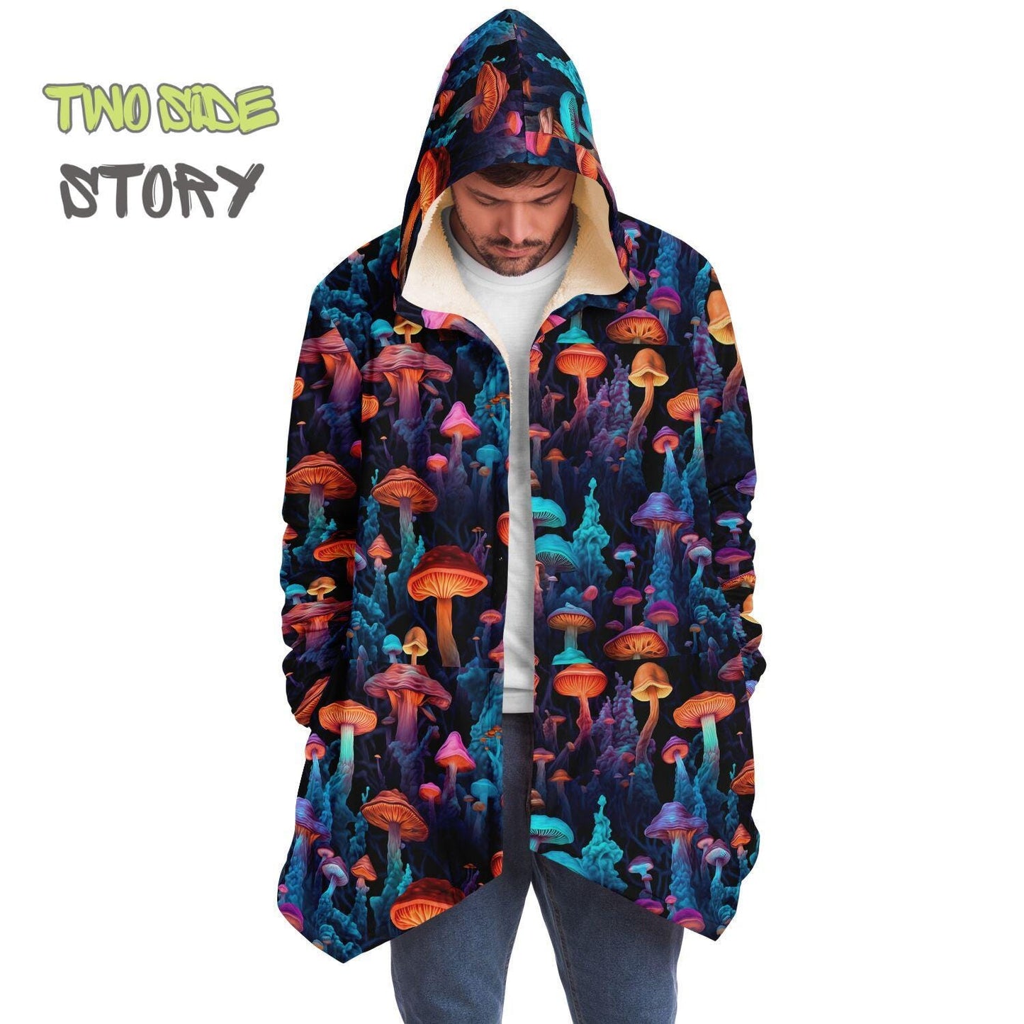 Unisex Micro-fleece Psychedelic Mushrooms Hooded Cloak,Festival Rave Party Wear,Halloween Cape,Vivid Colors EDM Festival Cape,Unique Gifts