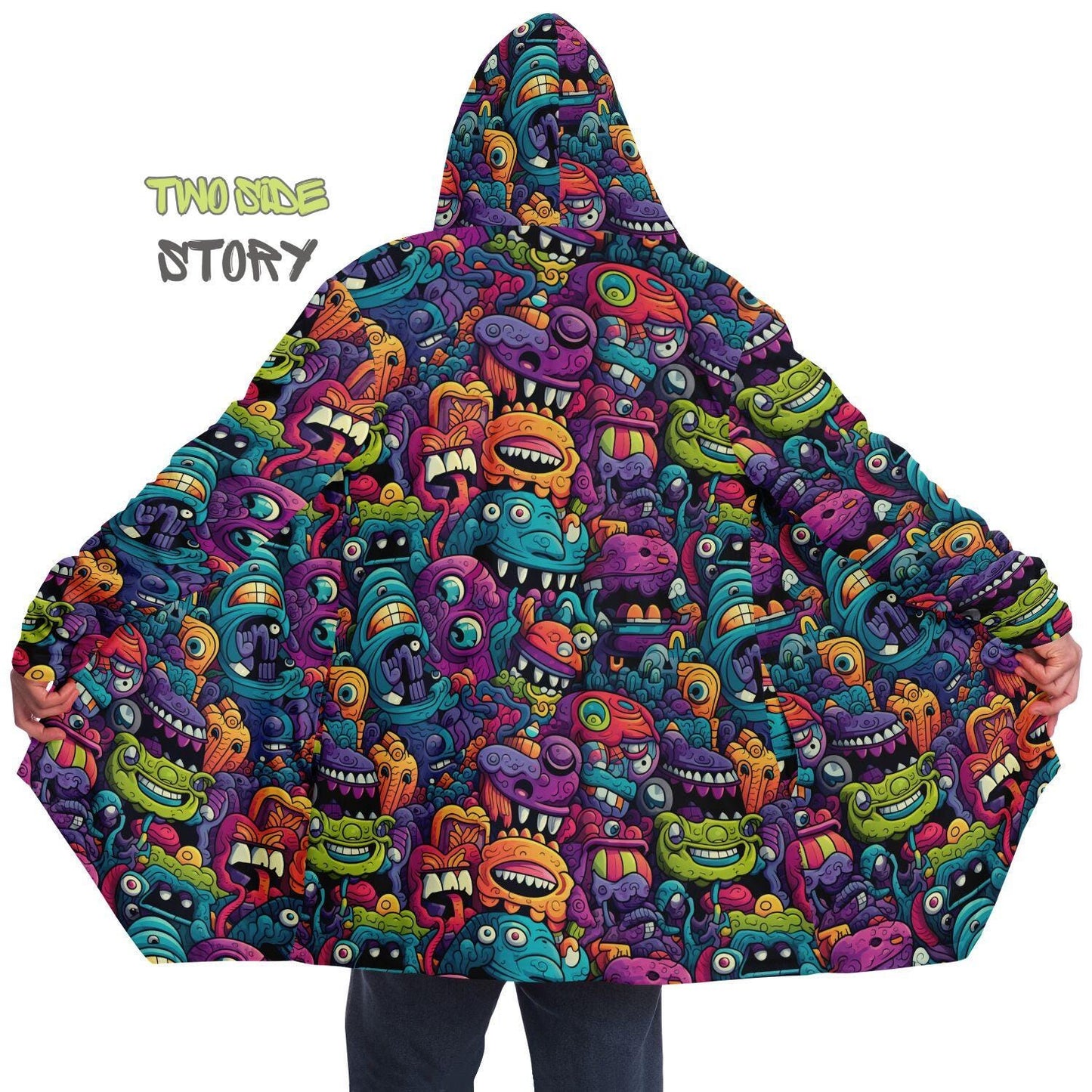 Halloween Monsters Micro-fleece Printed Hooded Cloak,Festival Rave Party Wear,Halloween Cape,EDM Festival Cape, Unique Gifts,Men's Rave Cape
