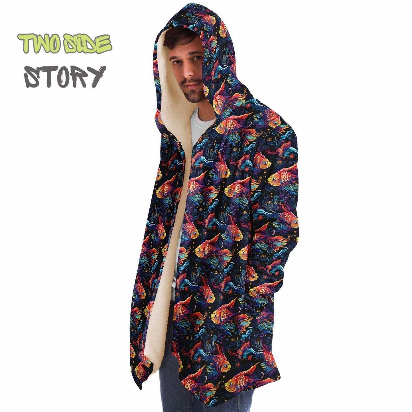 Unique Micro-fleece Psychedelic Fish Hooded Cloak,Festival Rave Party Wear,Soft Halloween Cape,Vivid Colors EDM Festival Cape,Unique Gifts
