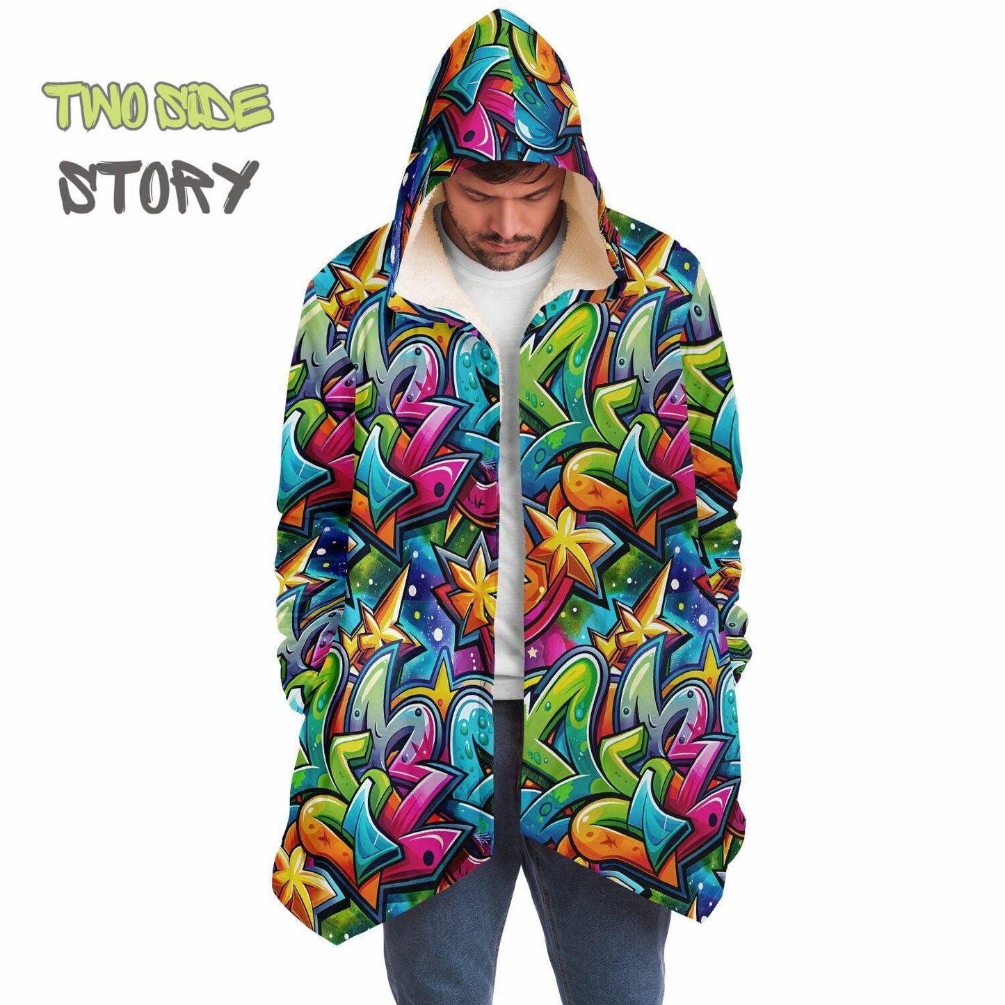 Unique Micro-fleece Graffiti Print Hooded Cloak,Festival Rave Party Wear,Soft Halloween Cape,Vivid Colors EDM Festival Cape,Unique Gifts