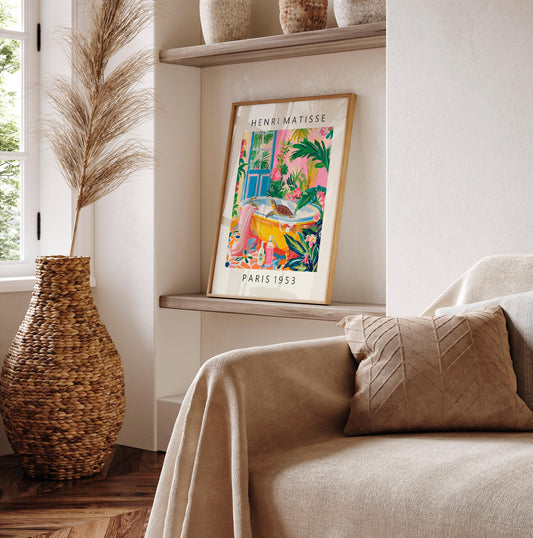 Turtle in Bathtub Art Print: Matisse Style Bathroom Dopamine Decor