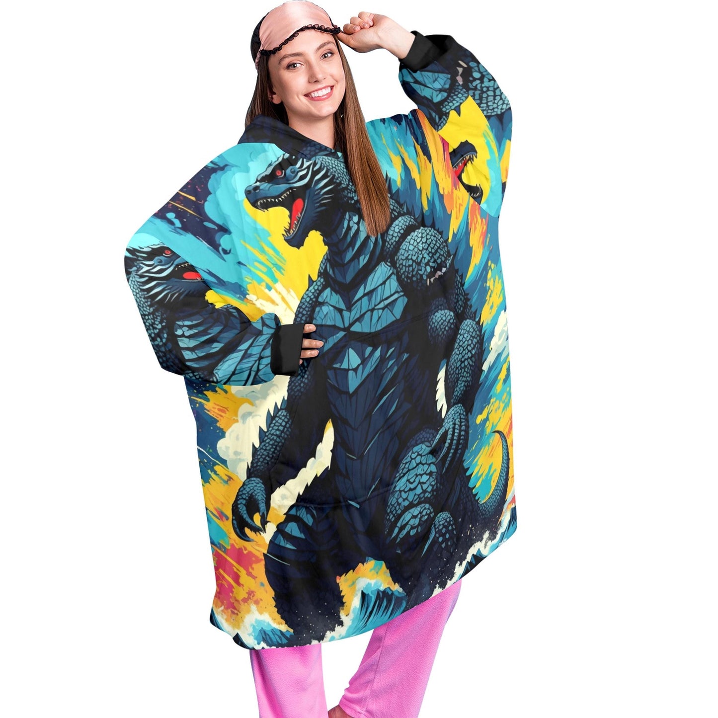 Godzilla Blanket Hoodie Vintage Kaiju Fleece Lounger