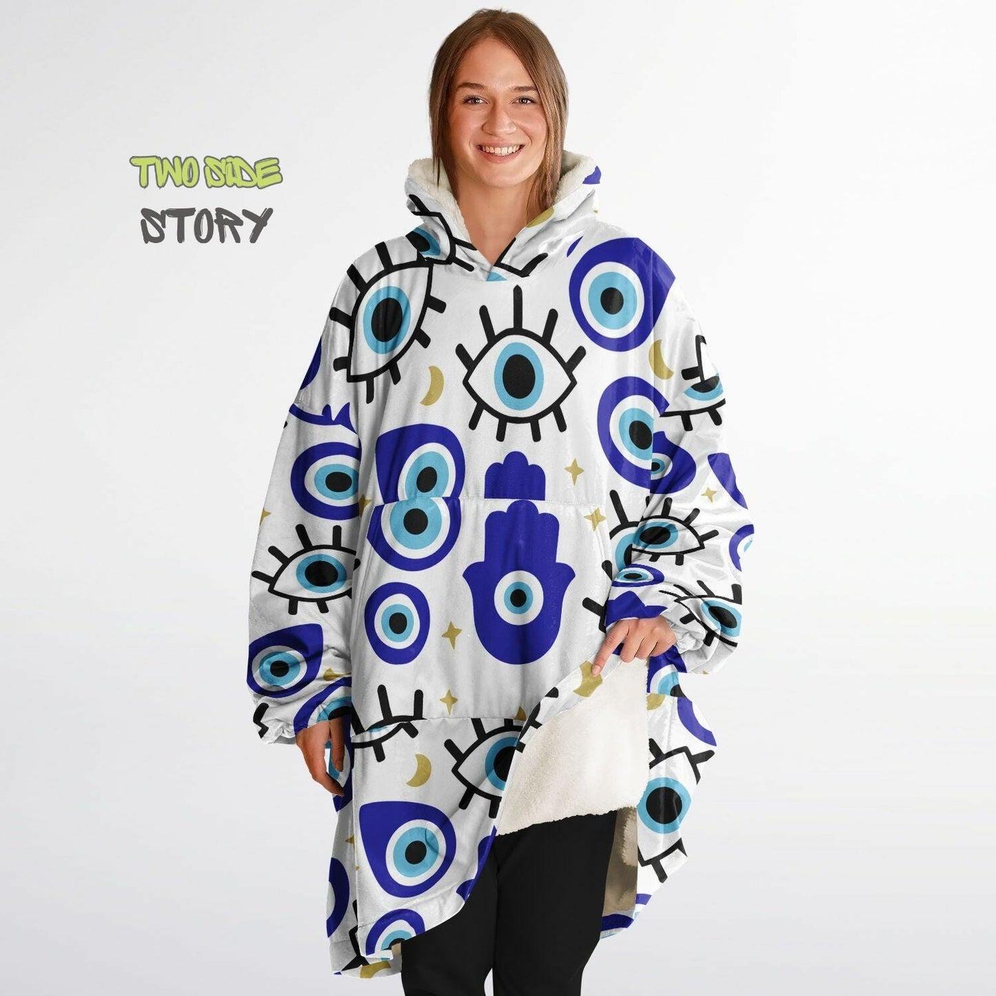 Novelty Evil Eye Print Snug Hoodie,Mykonos Eye Printed Hooded Blanket with Sleeves,Lounge Wear,Unique,Novelty Gifst,Birthday Christmas Gifts