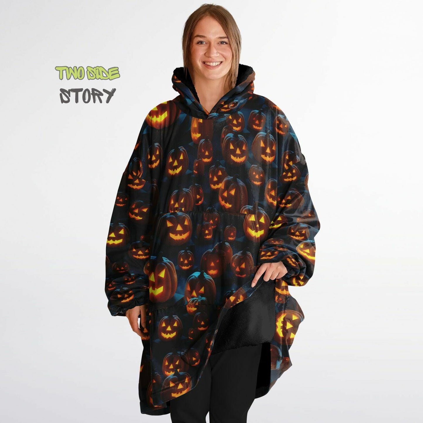 Fun Halloween Glowing Pumpkin Snug Hoodie,Printed Hooded Blanket,Blanket Sleeves,Lounge Wear,Novelty Birthday Christmas Gifts for Him or Her