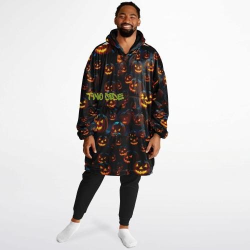 Fun Halloween Glowing Pumpkin Snug Hoodie,Printed Hooded Blanket,Blanket Sleeves,Lounge Wear,Novelty Birthday Christmas Gifts for Him or Her