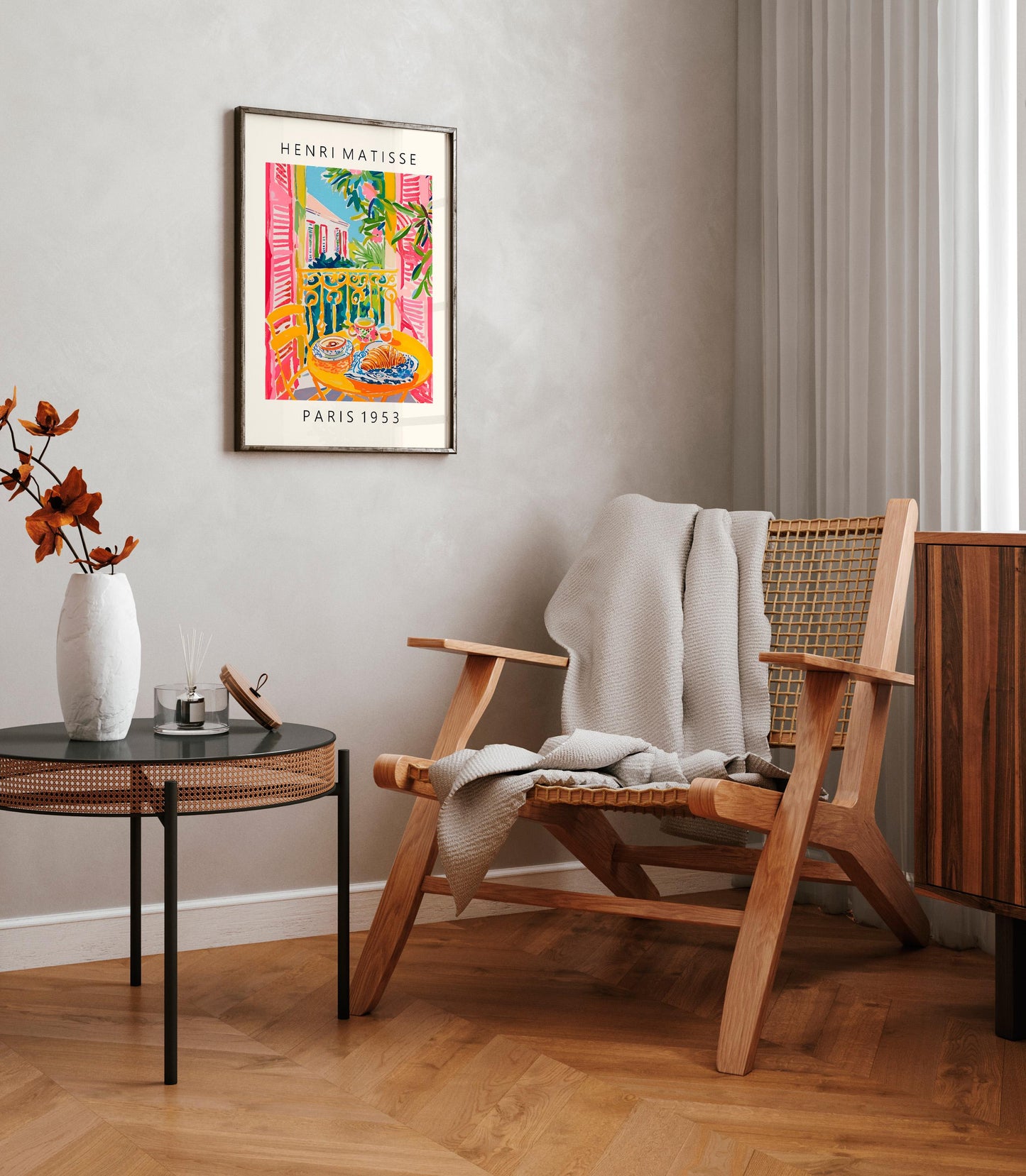 Matisse Style Coffee and Croissant Art Print: Pink Mid Century Poster
