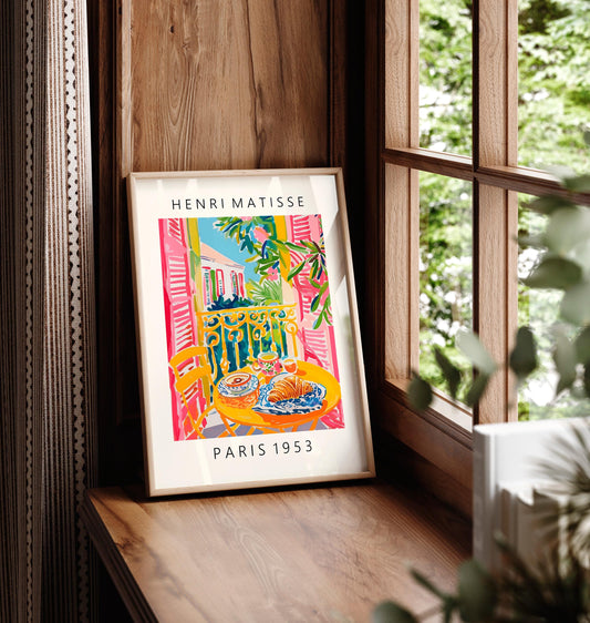 Matisse Style Coffee and Croissant Art Print: Pink Mid Century Poster
