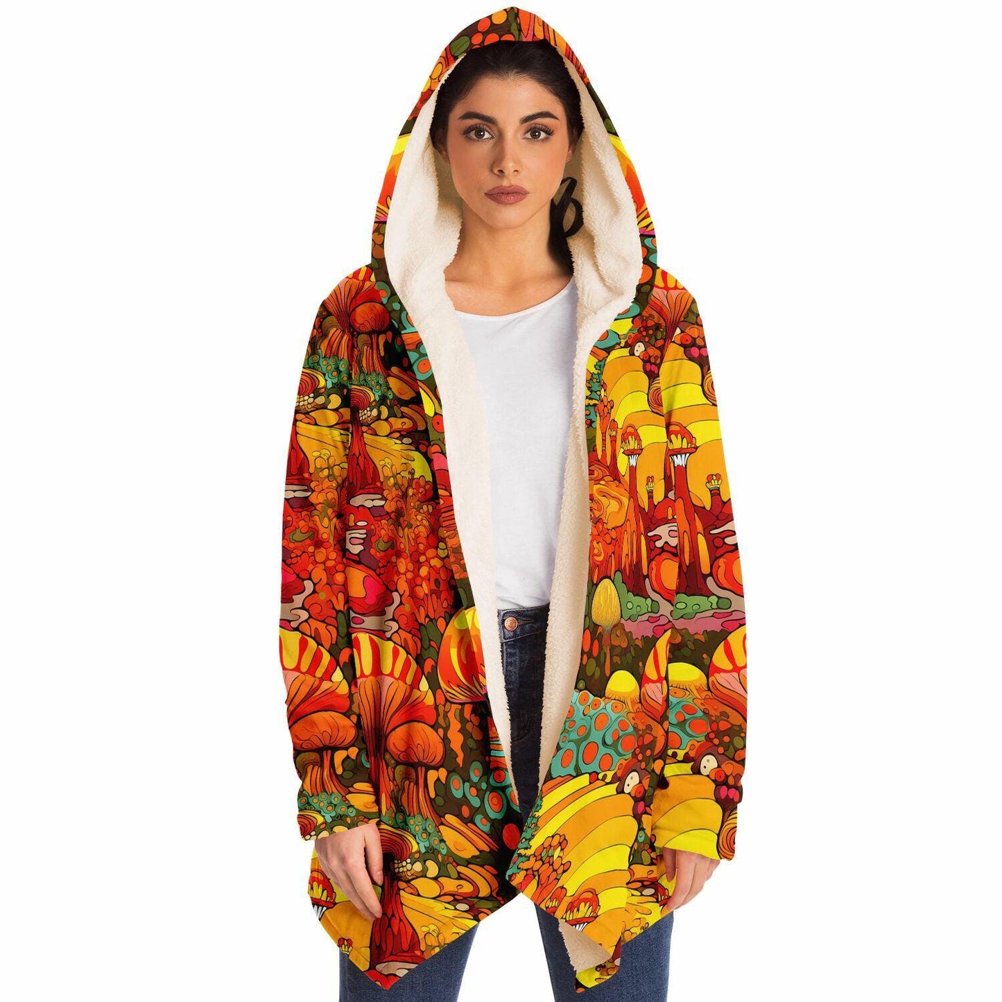 Vivid Colors Micro-fleece Psychedelic Mushrooms Hooded Cloak, Festival Rave Party Wear, EDM Festival Cape, Psychedelic Cape, Men's Rave Cape