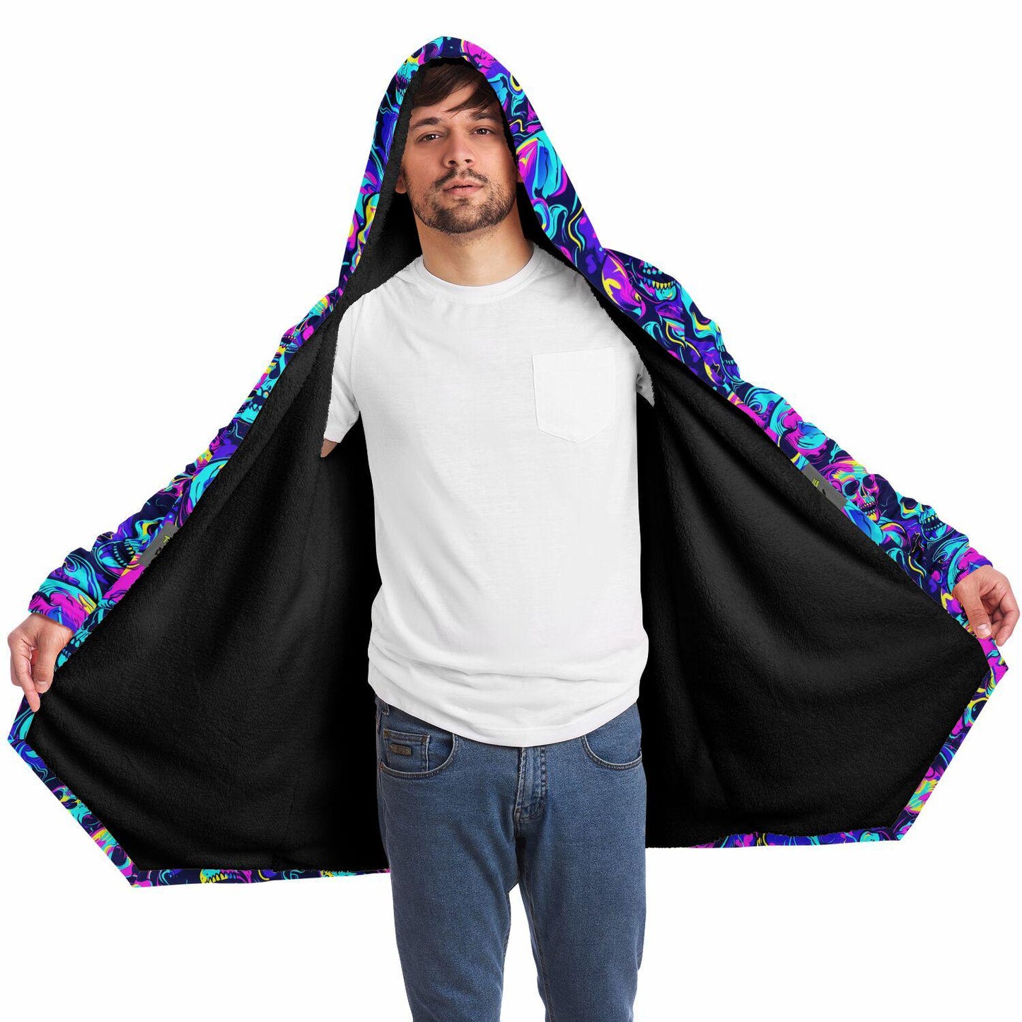 Micro-fleece Neon Skulls Hooded Cloak, Festival Rave Party Wear,Halloween Cape, Vivid Colors EDM Festival Cape, Unique Gifts,Men's Rave Cape