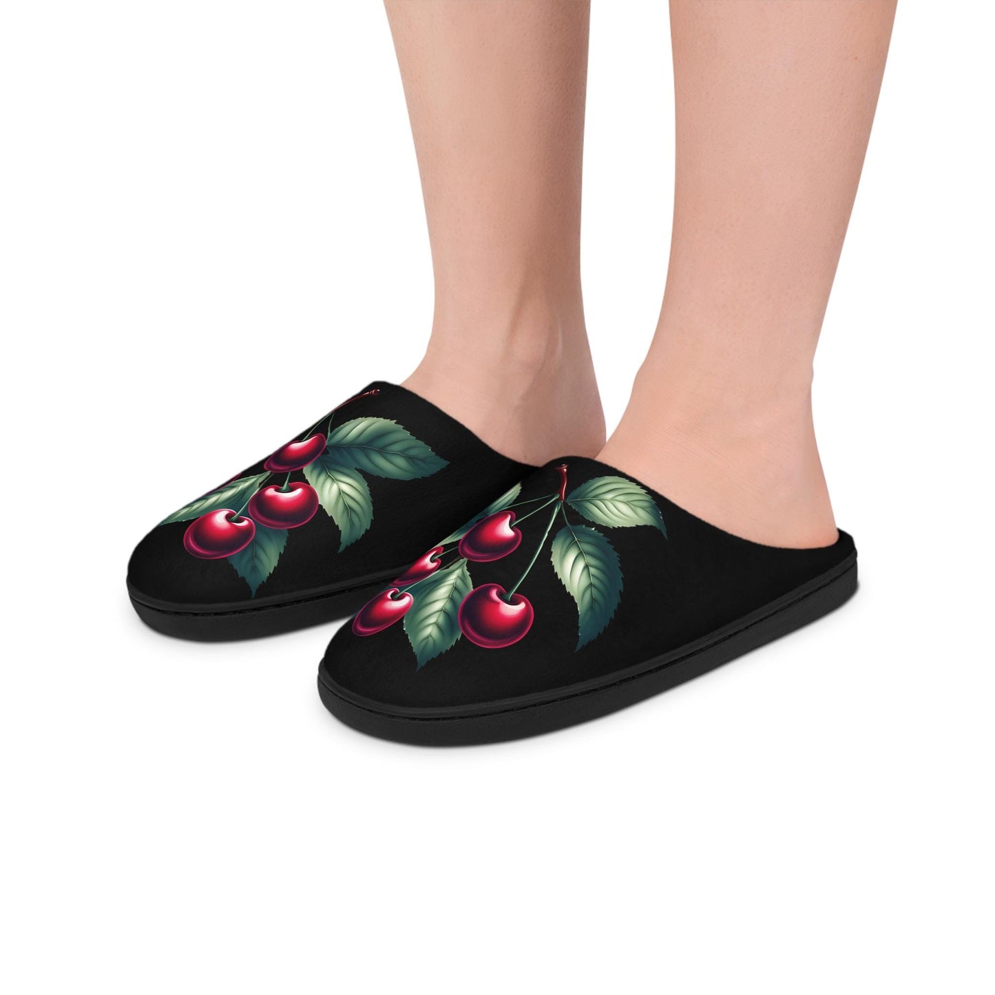 Indoor Slippers, Dark Red Cherry Toile Design, Women's House Shoes, Velvety Look, French Cherry Slipper, Fruit Slippers, Blackslipper