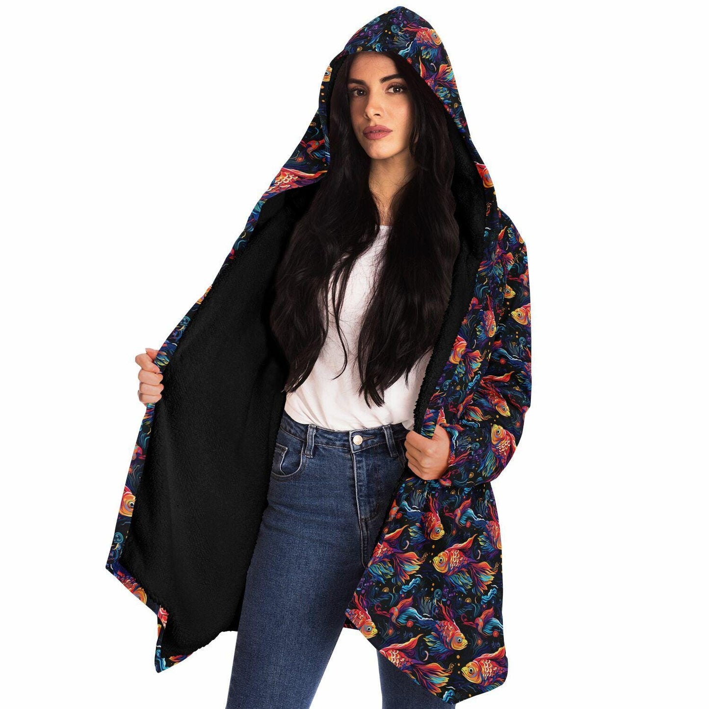 Unique Micro-fleece Psychedelic Fish Hooded Cloak,Festival Rave Party Wear,Soft Halloween Cape,Vivid Colors EDM Festival Cape,Unique Gifts