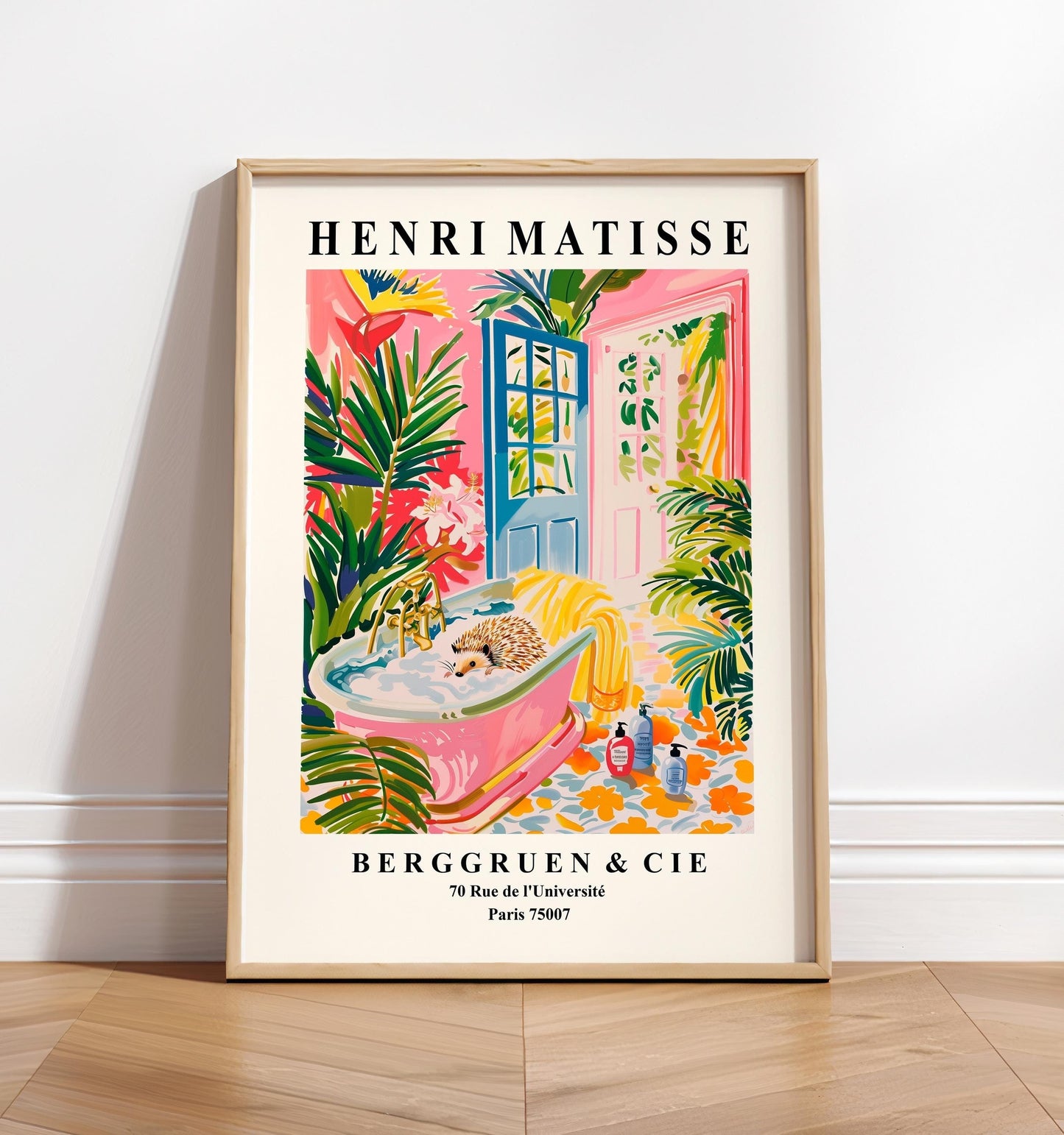 Hedgehog in bathtub art print, Dopamine decor, Matisse print, Bathroom wall art, Pink tropical poster