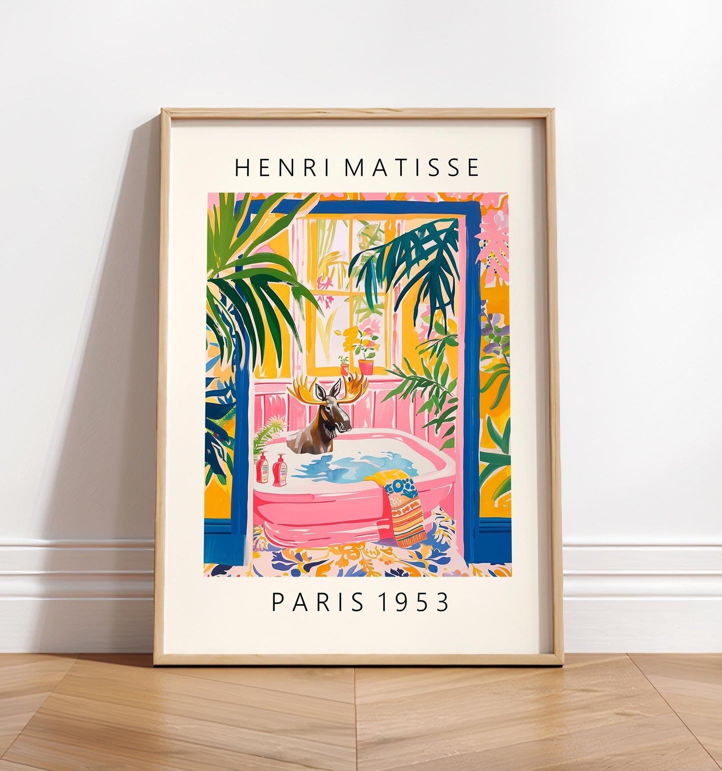 Pink dopamine decor for bathroom, Moose in bathtub funny poster, Tropical wall art, Animal art print