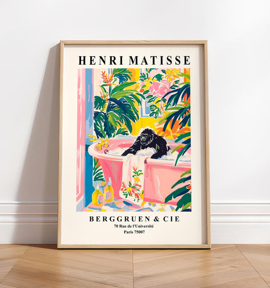Gorilla in bathtub funny poster, Matisse art print, Maximalist decor, Pink bathroom decor, Animal art print