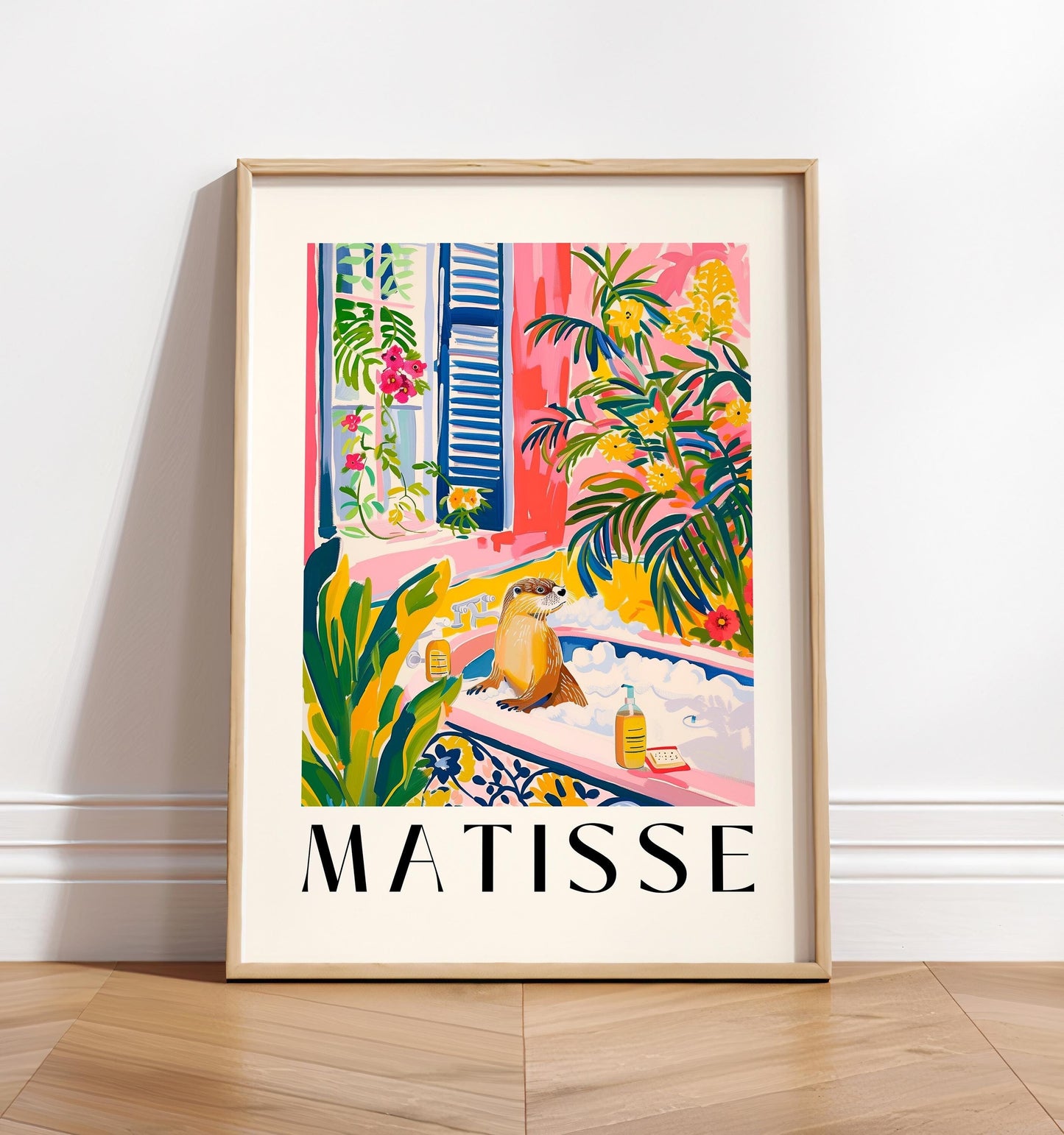 Otter in Bathtub Art Print: Matisse Style Tropical Bathroom Decor