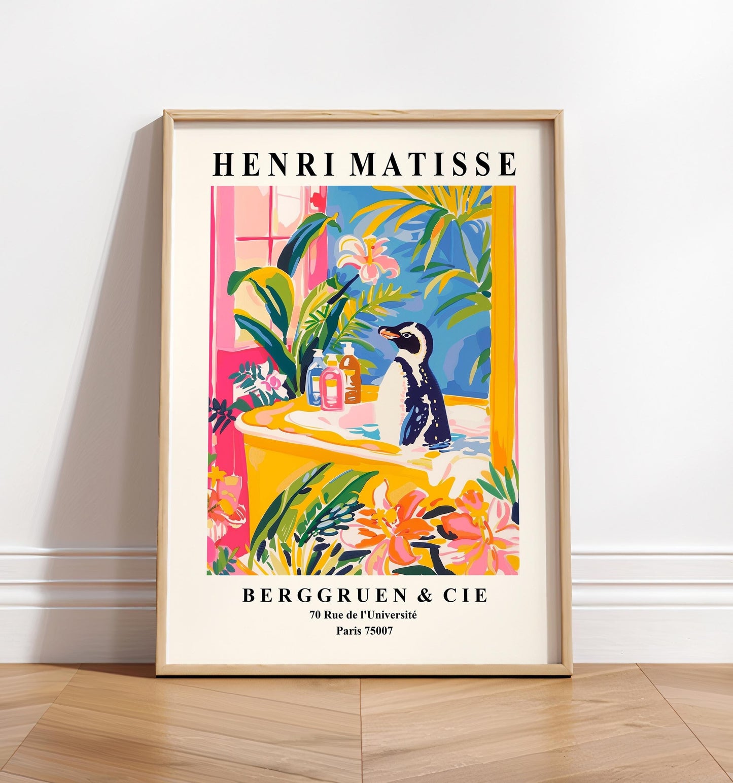 Penguin in bathtub poster, Matisse art print, Pink maximalist decor, Tropical print, Bathroom wall art, Bird art print