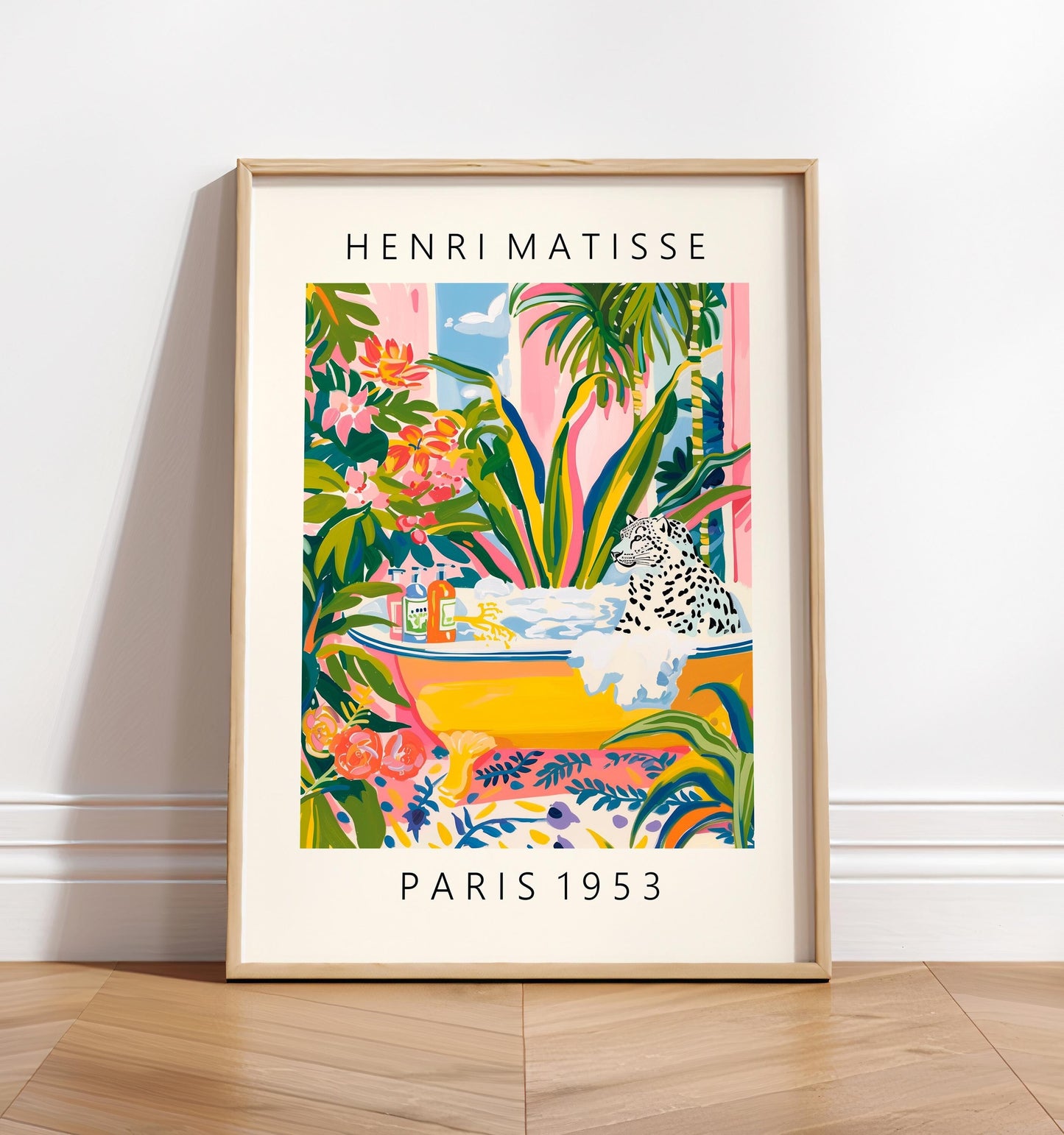 Snow leopard art print, Matisse poster, Pink wall art, Bathroom decor, Mediterranean art