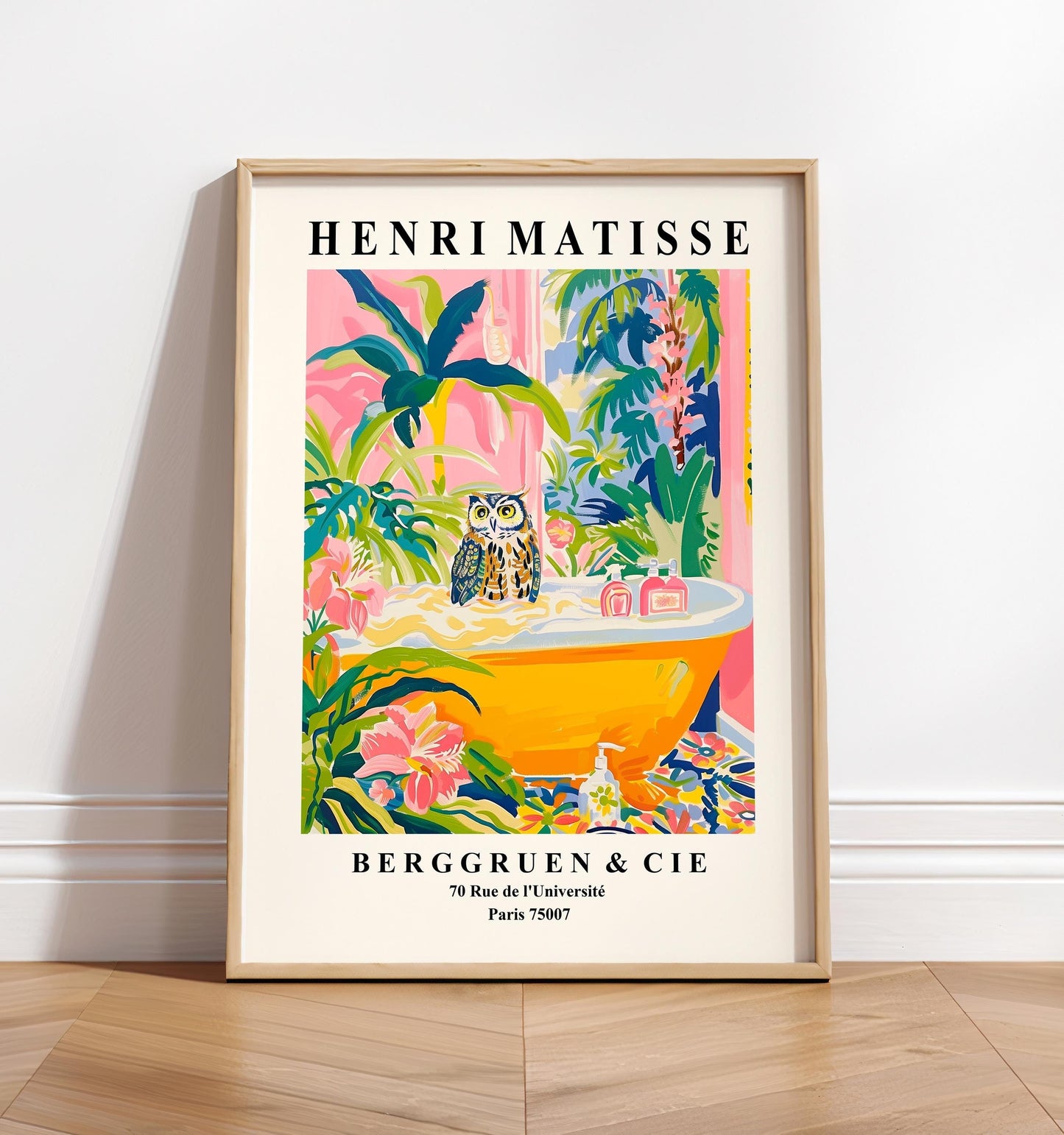 Owl in bathtub print, Henri Matisse art, Bird lover gift, Pink poster, Funky decor, Pink bathroom wall art