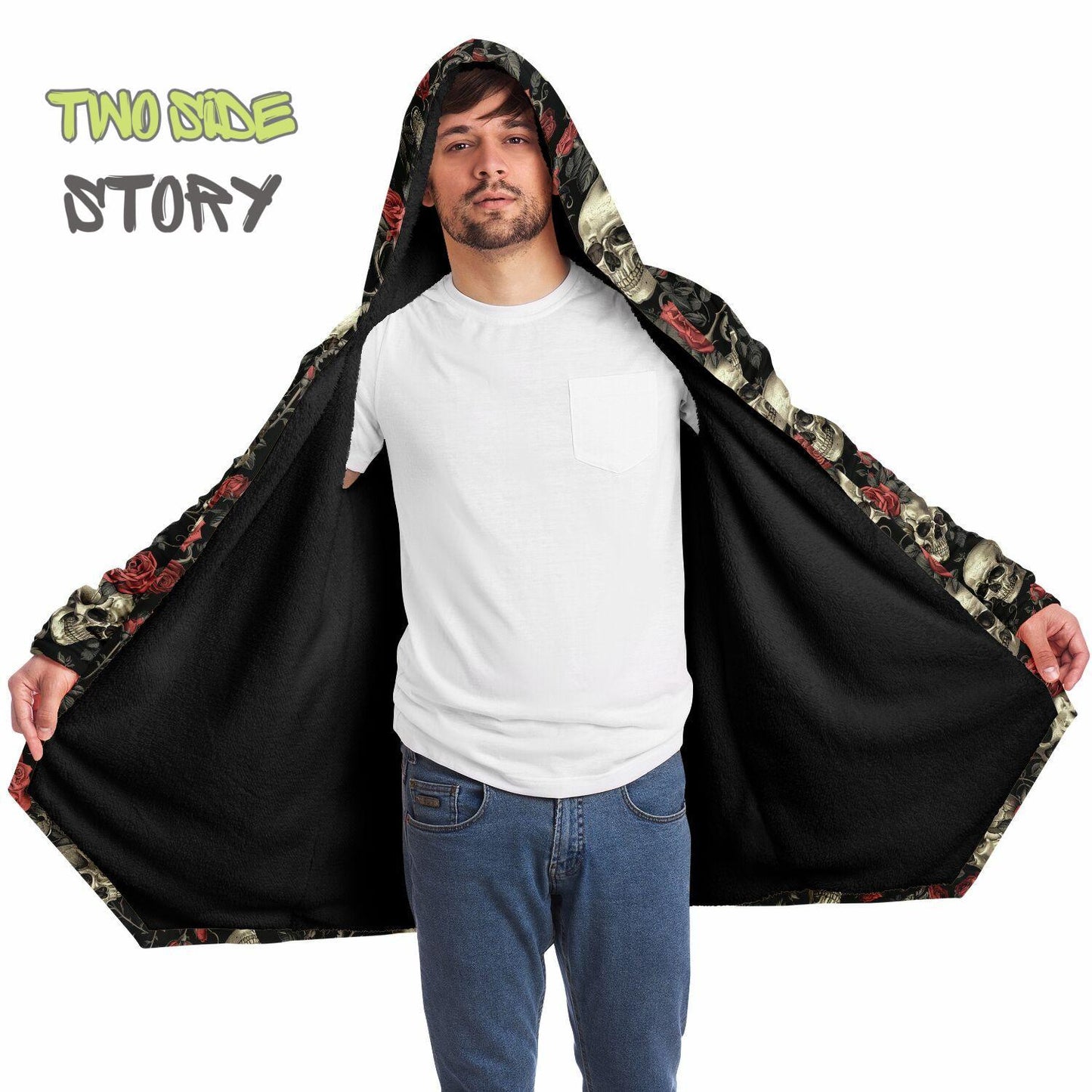 Micro-fleece Halloween Skulls Hooded Cloak, Festival Party Wear,Halloween Cape, Vivid Colors EDM Festival Cape, Unique Gifts,Men's Rave Cape