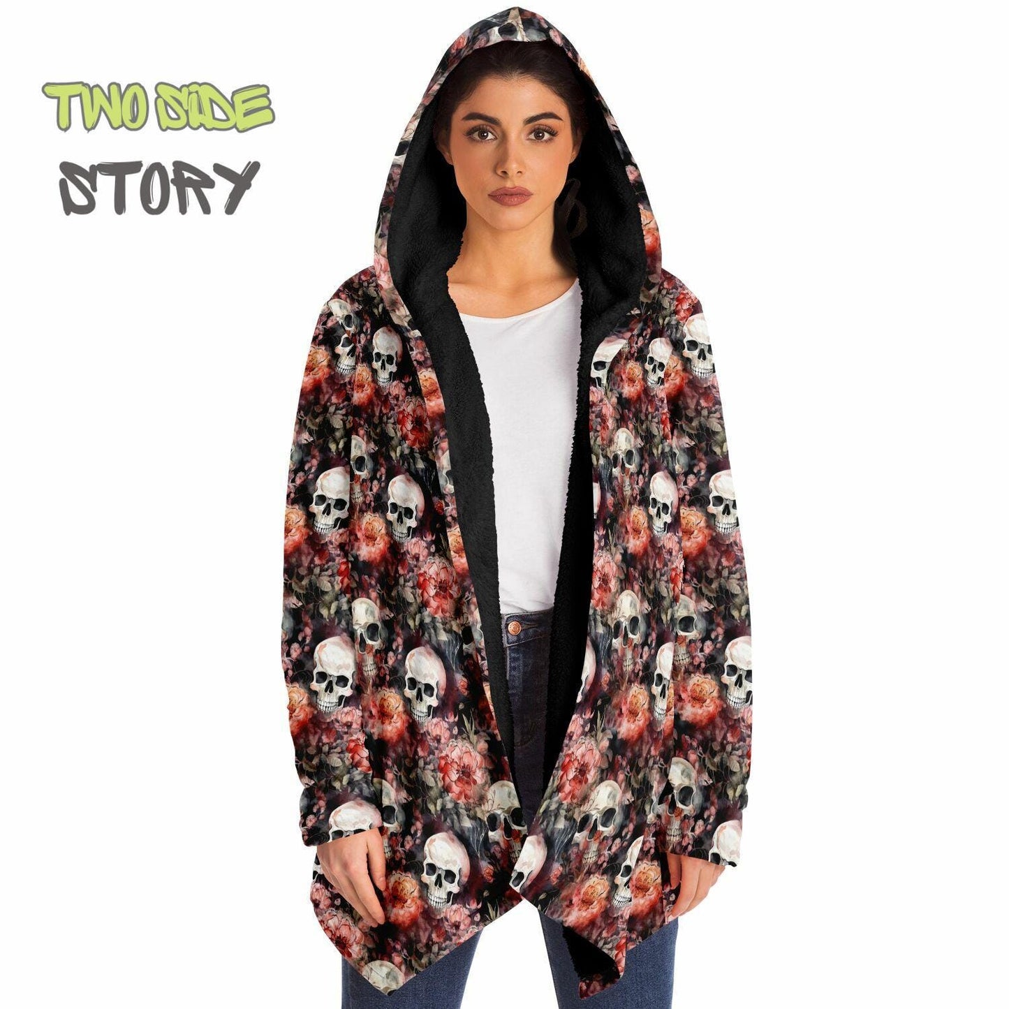 Micro-fleece Halloween Skulls Roses Hooded Cloak, Festival Party Wear,Halloween Cape,EDM Festival Cape, Unique Gifts,Men's Rave Cape