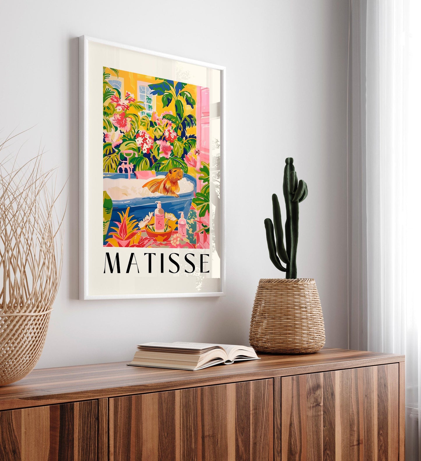Capybara in bathtub art print, Pink tropical bathroom decor, Henri Matisse wall art,  Animal art