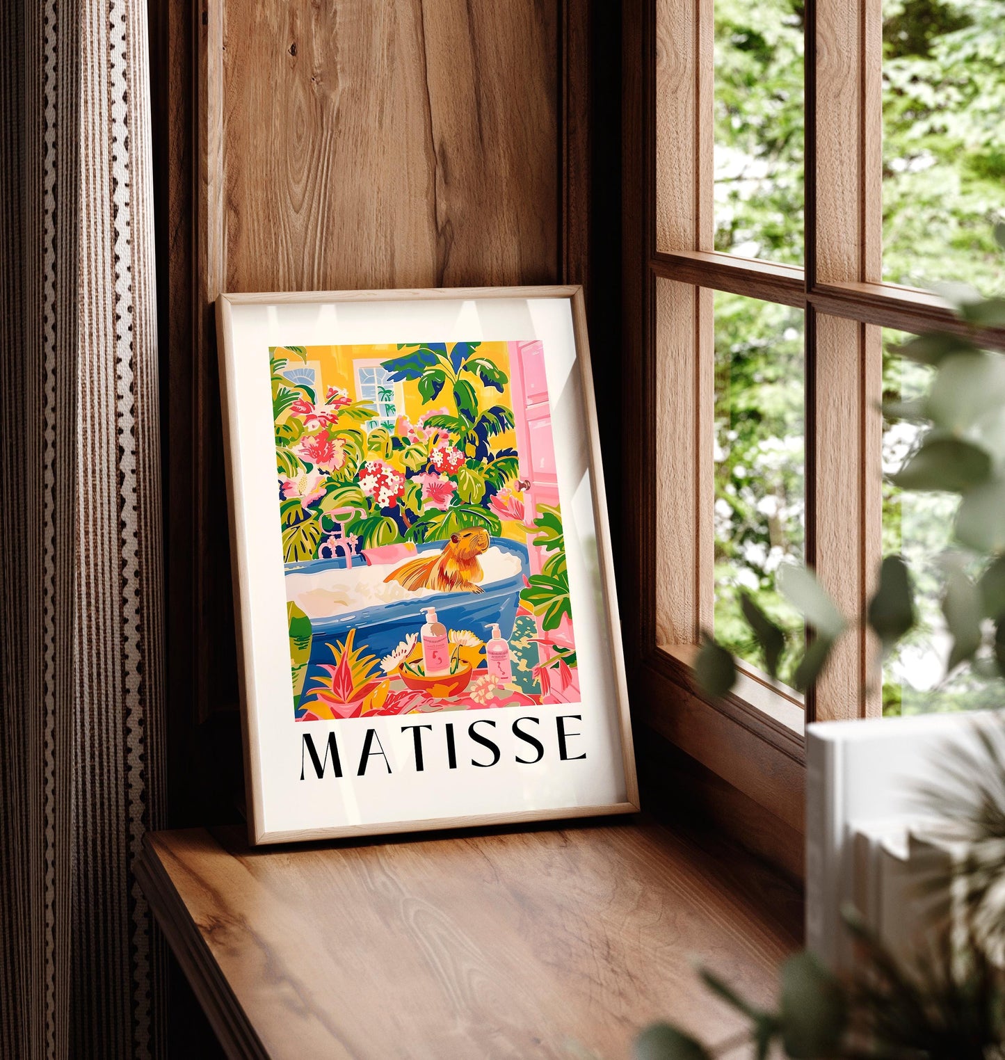 Capybara in bathtub art print, Pink tropical bathroom decor, Henri Matisse wall art,  Animal art