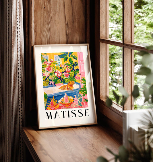 Capybara in bathtub art print, Pink tropical bathroom decor, Henri Matisse wall art,  Animal art