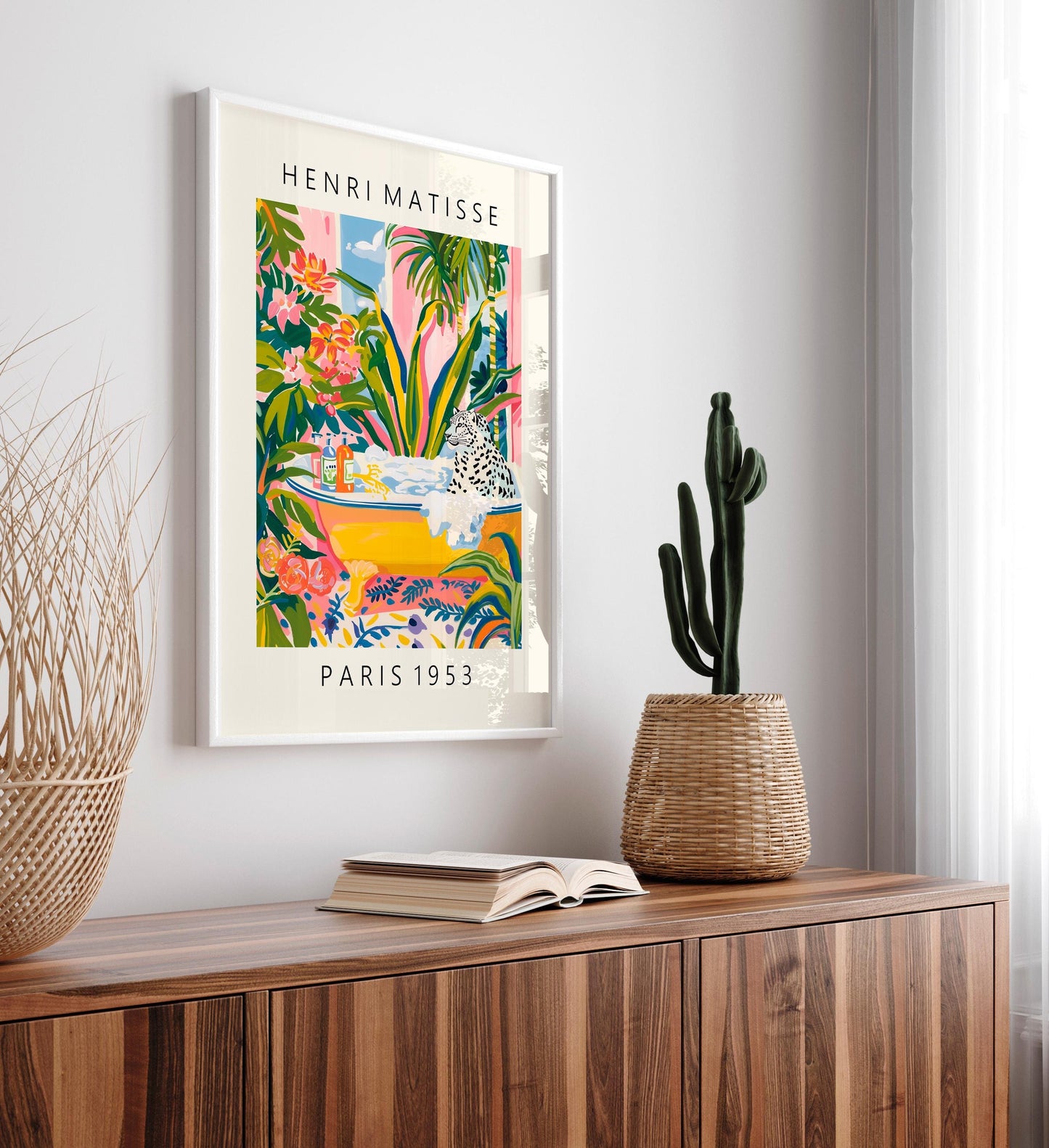 Snow leopard art print, Matisse poster, Pink wall art, Bathroom decor, Mediterranean art