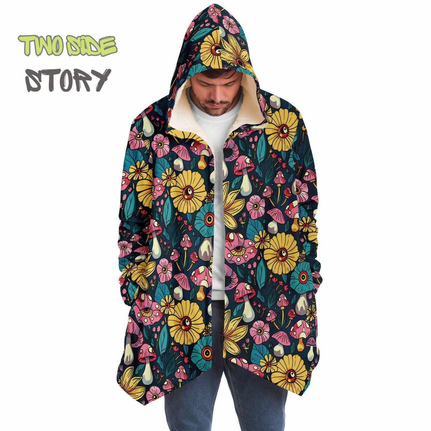 Unisex Vivid Colors EDM Festival Cape,Micro-fleece Psychedelic Mushrooms Hooded Cloak,Festival Rave Party Wear, Halloween Cape, Unique Gifts