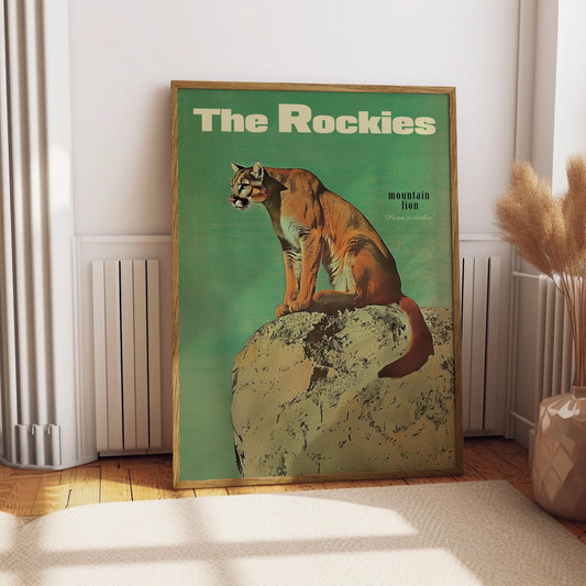 Vintage Mountain Lion Print, Retro Outdoors Poster, Cougar Poster, Cabin Cottage Wall Art, Outdoor Sports, Dad For him Gift, Rocky Mountains
