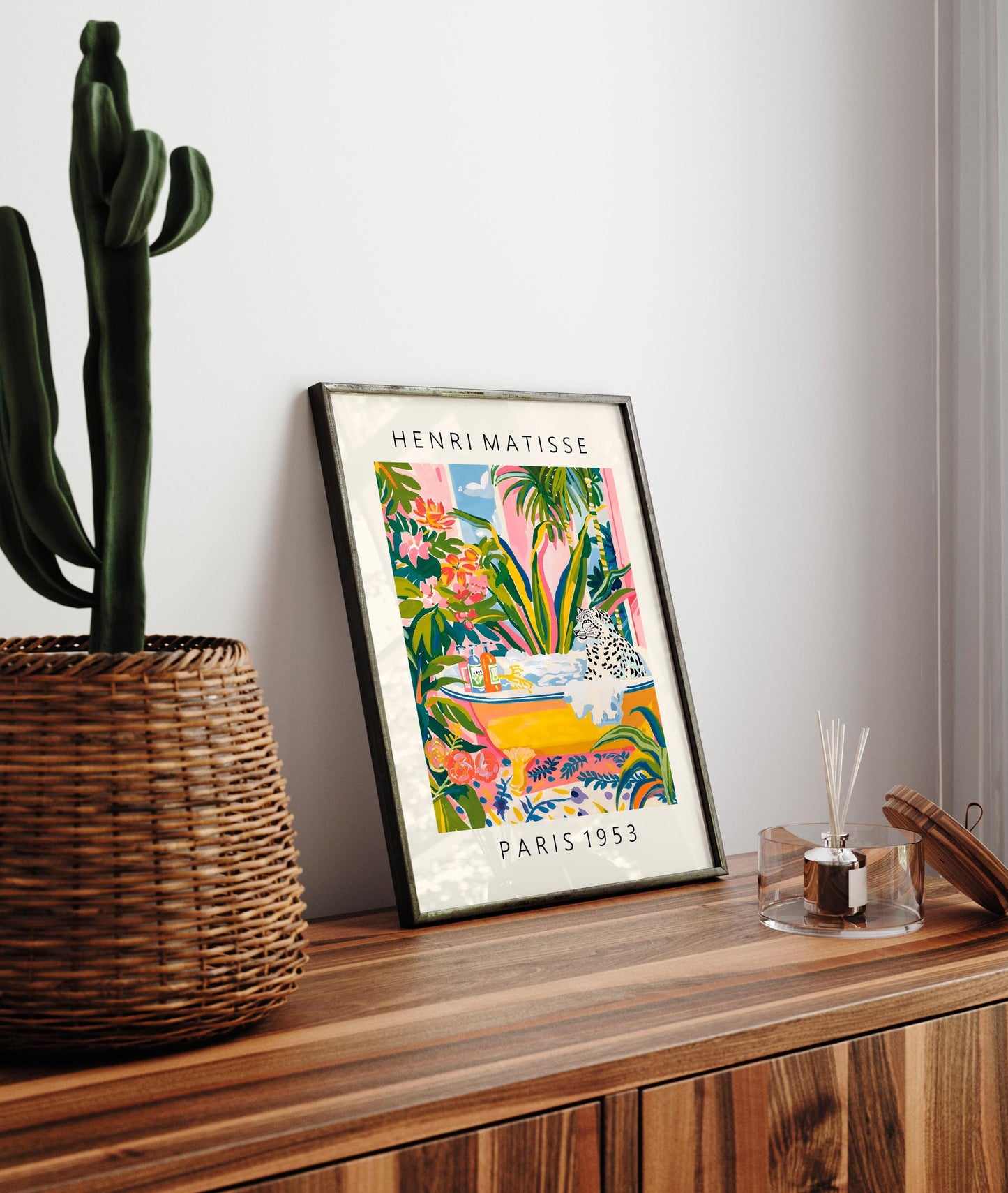 Snow leopard art print, Matisse poster, Pink wall art, Bathroom decor, Mediterranean art