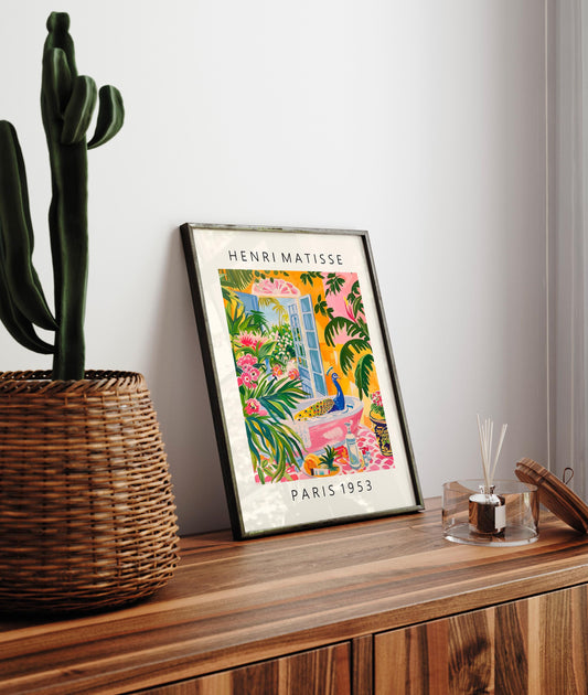 Peacock in bathtub art print, Pink maximalist decor, Matisse poster, Tropical print, Bathroom wall art, Bird art print
