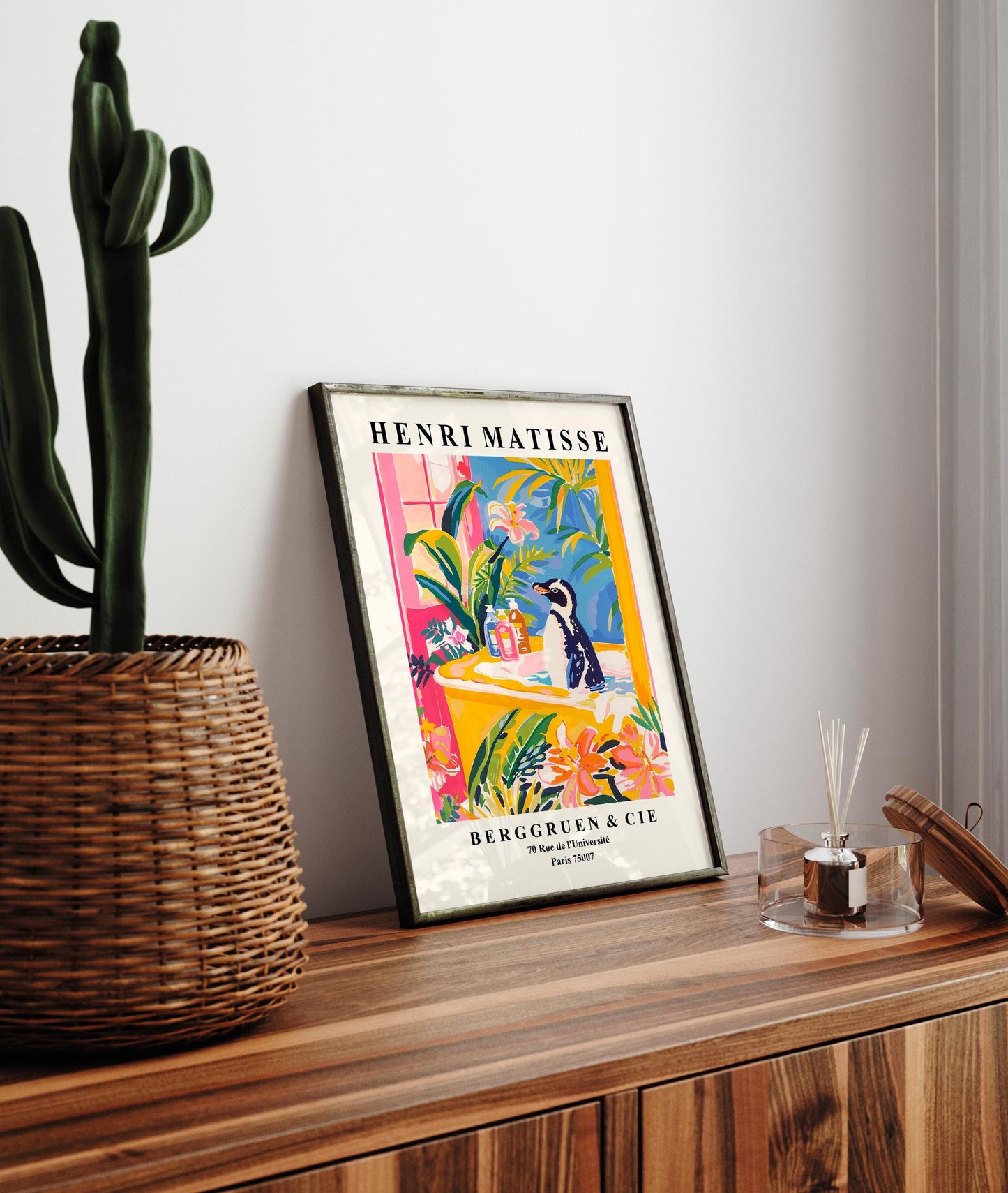 Penguin in bathtub poster, Matisse art print, Pink maximalist decor, Tropical print, Bathroom wall art, Bird art print