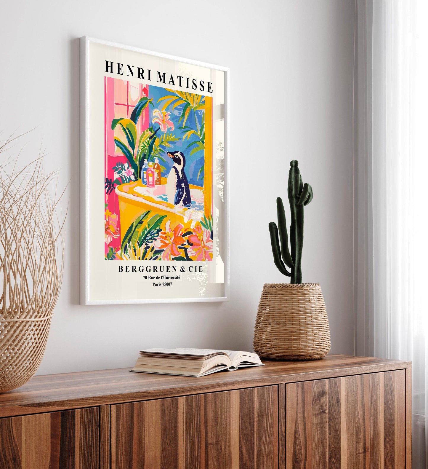 Penguin in bathtub poster, Matisse art print, Pink maximalist decor, Tropical print, Bathroom wall art, Bird art print