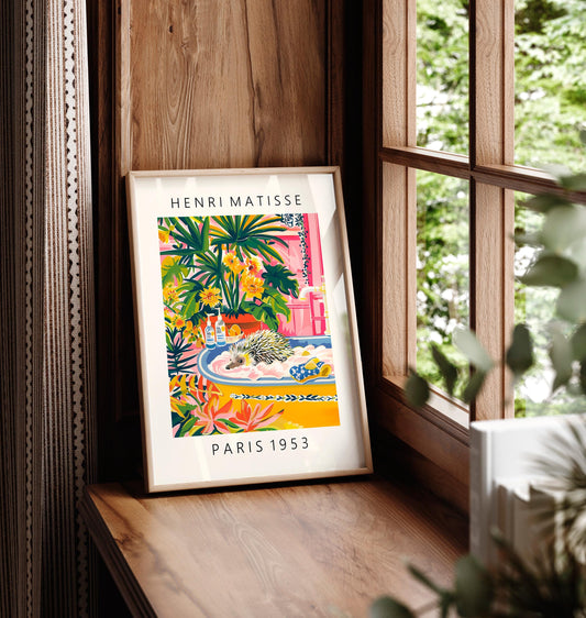 Hedgehog in Bathtub Art Print: Matisse Style Maximalist Decor