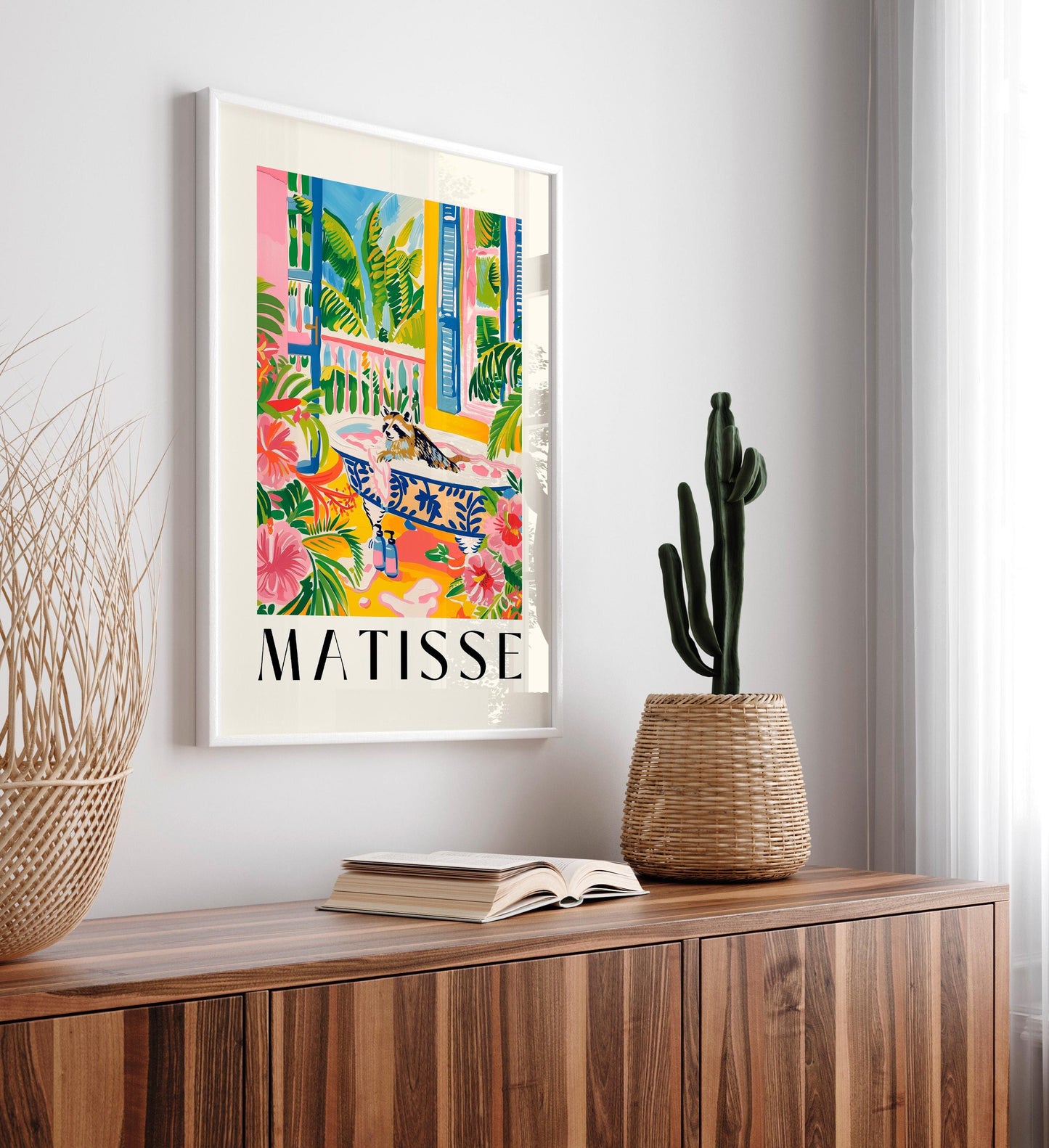 Raccoon in Bathtub Art Print: Tropical Maximalist Bathroom Decor