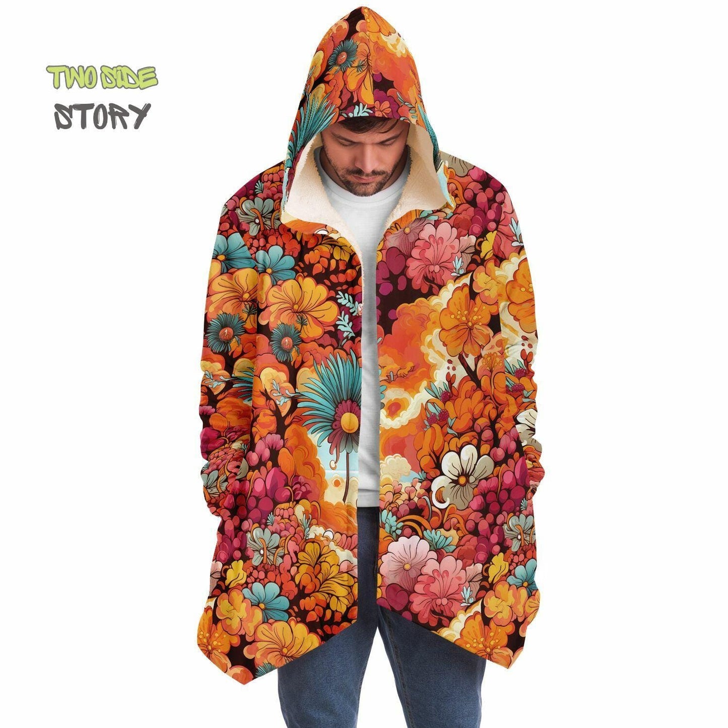 Micro-fleece Psychedelic Forest Printed Hooded Cloak,Festival Rave Party Wear,EDM Festival Cape, Psychedelic Cape,Vivid Colors Men Rave Cape