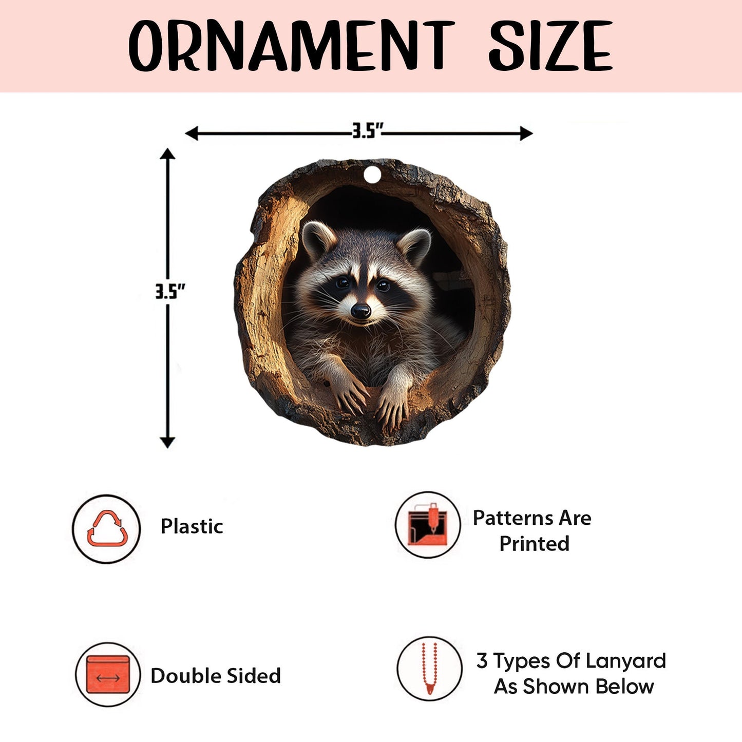 Racoon 2D Flat Ornament, Racoon Rearview Mirror Car Accessories, Racoon Christmas Ornament, Holiday Gift for Racoon Lover, Animal Lover Gift