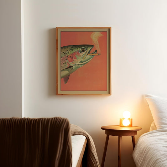 Trout Smoking a Cigarette Vintage Poster Art Funny Retro Whimsical Print Cabin Wall Decor Outdoor Sports Fisherman Illustration Gift for Dad