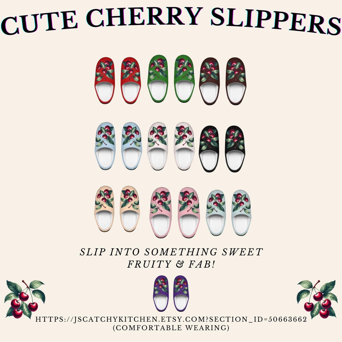 Peachy-Colored Women's Slippers with Dark Red Cherry Toile Design | Soft Fleece, Anti-Skid Black Rubber Soles | Cozy and Stylish HouseShoes