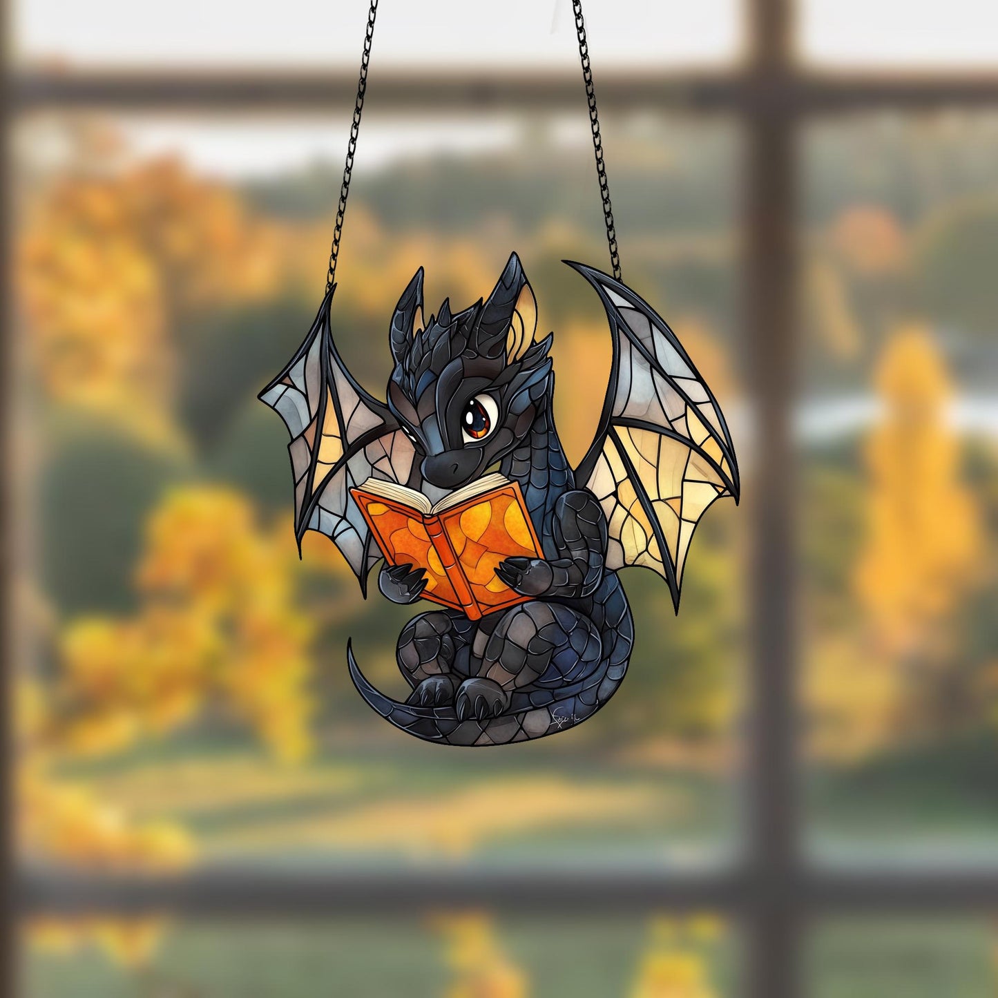 Gray Dragon Read Books Acrylic window hanging, Fantasy dragon Wall Window Hanging Art Decoration, Book lovers home decor Ornament, Bookish