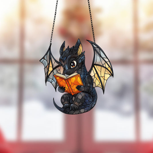 Gray Dragon Read Books Acrylic window hanging, Fantasy dragon Wall Window Hanging Art Decoration, Book lovers home decor Ornament, Bookish