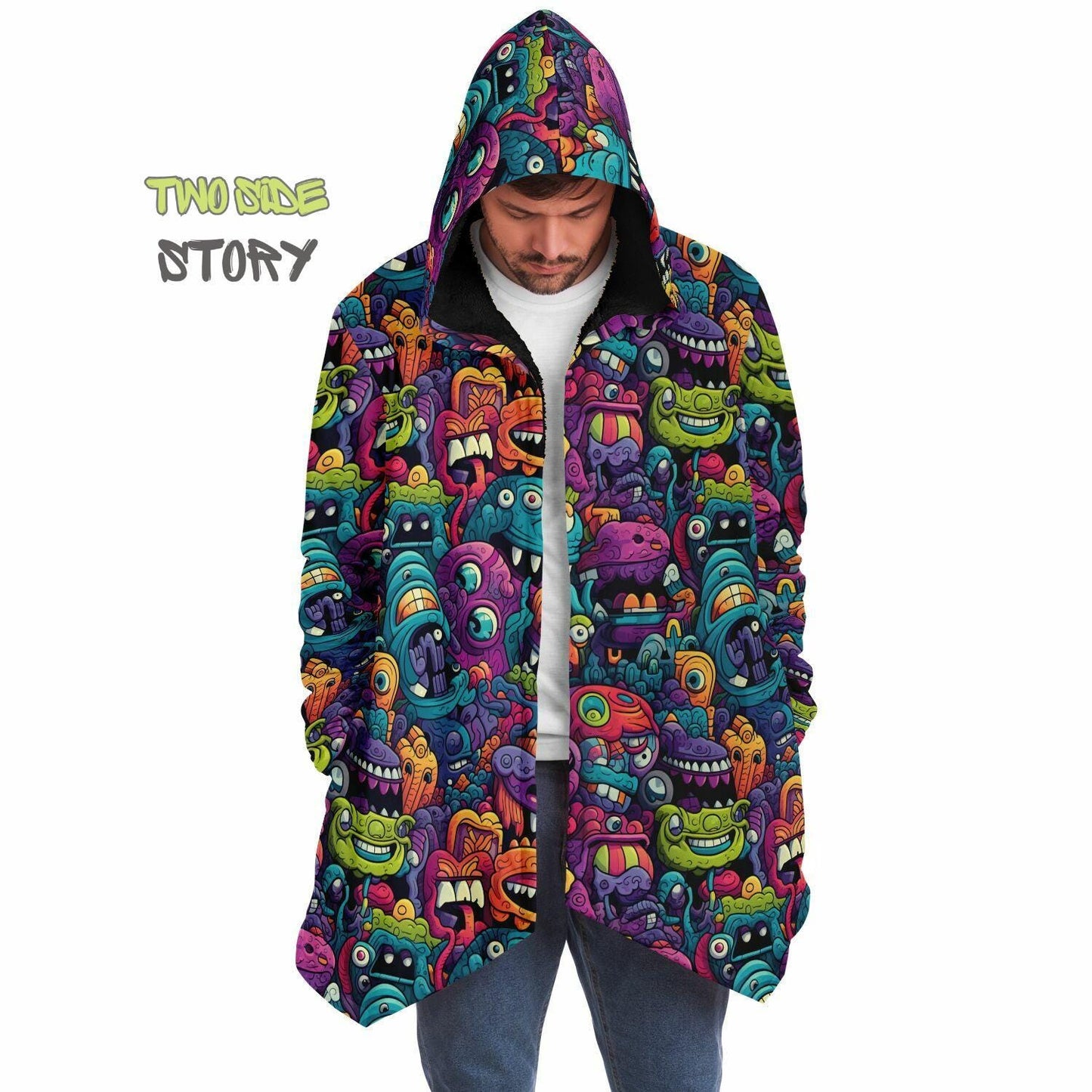 Halloween Monsters Micro-fleece Printed Hooded Cloak,Festival Rave Party Wear,Halloween Cape,EDM Festival Cape, Unique Gifts,Men's Rave Cape