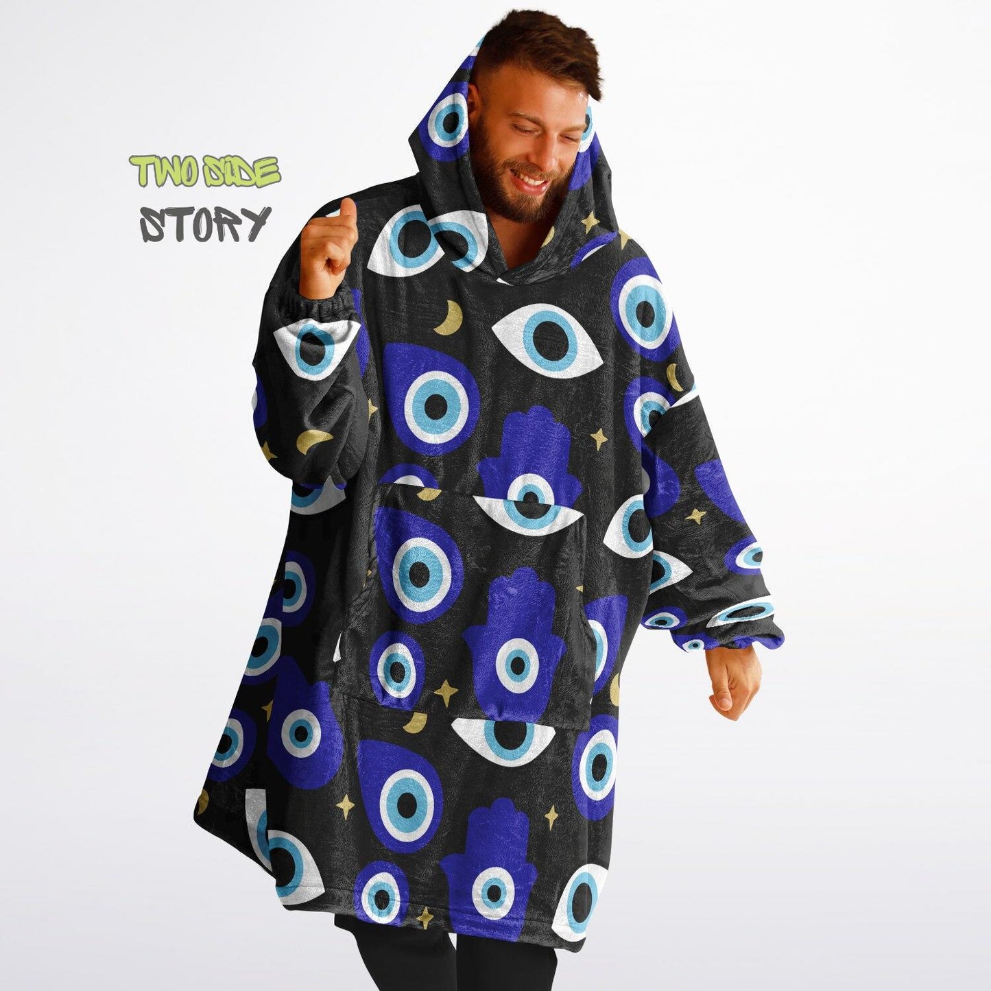Unisex Evil Eye Print Snug Hoodie,Mykonos Eye Printed Hooded Blanket,Blanket Sleeves,Lounge Wear,Unique,Novelty Gift,Birthday Christmas Gift