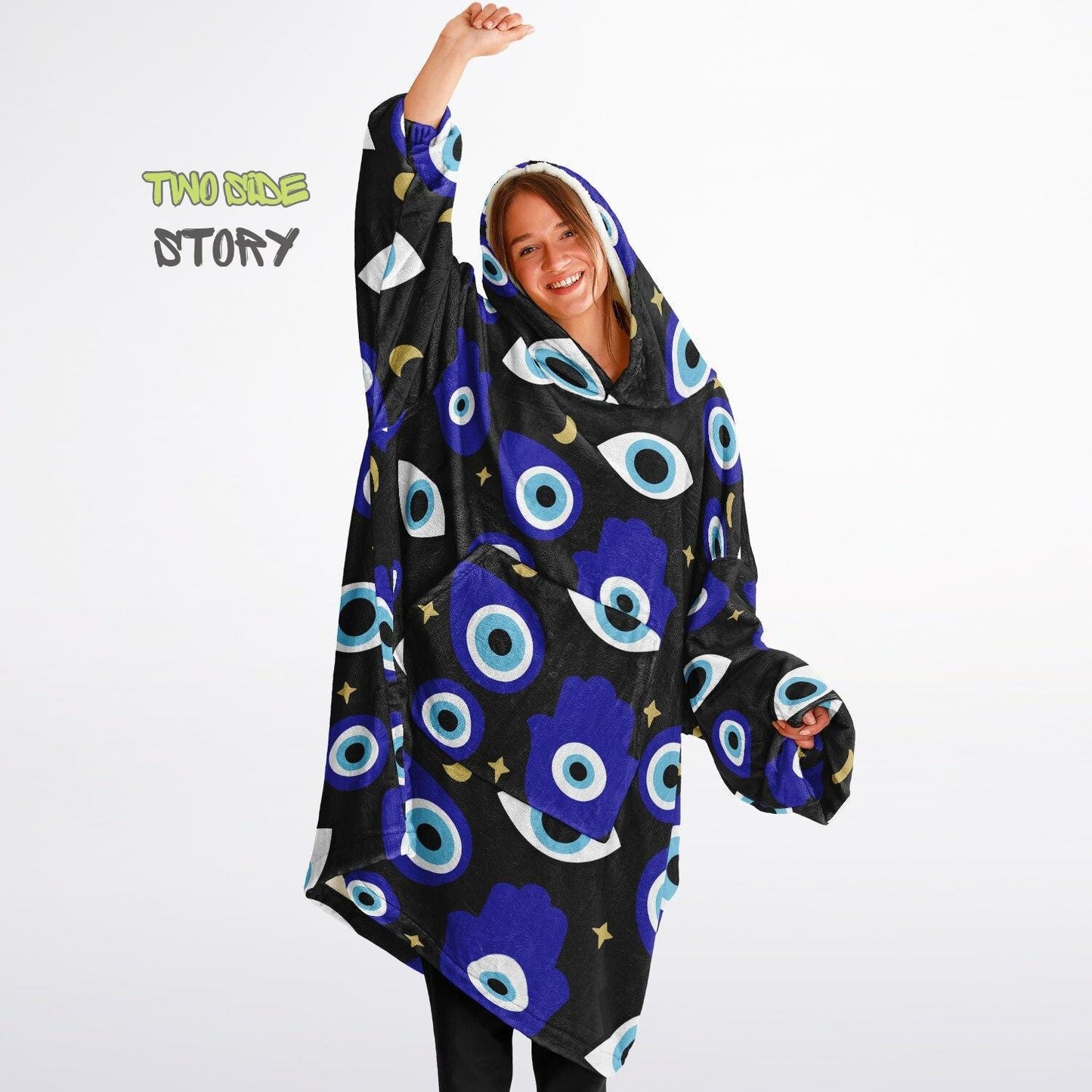 Unisex Evil Eye Print Snug Hoodie,Mykonos Eye Printed Hooded Blanket,Blanket Sleeves,Lounge Wear,Unique,Novelty Gift,Birthday Christmas Gift