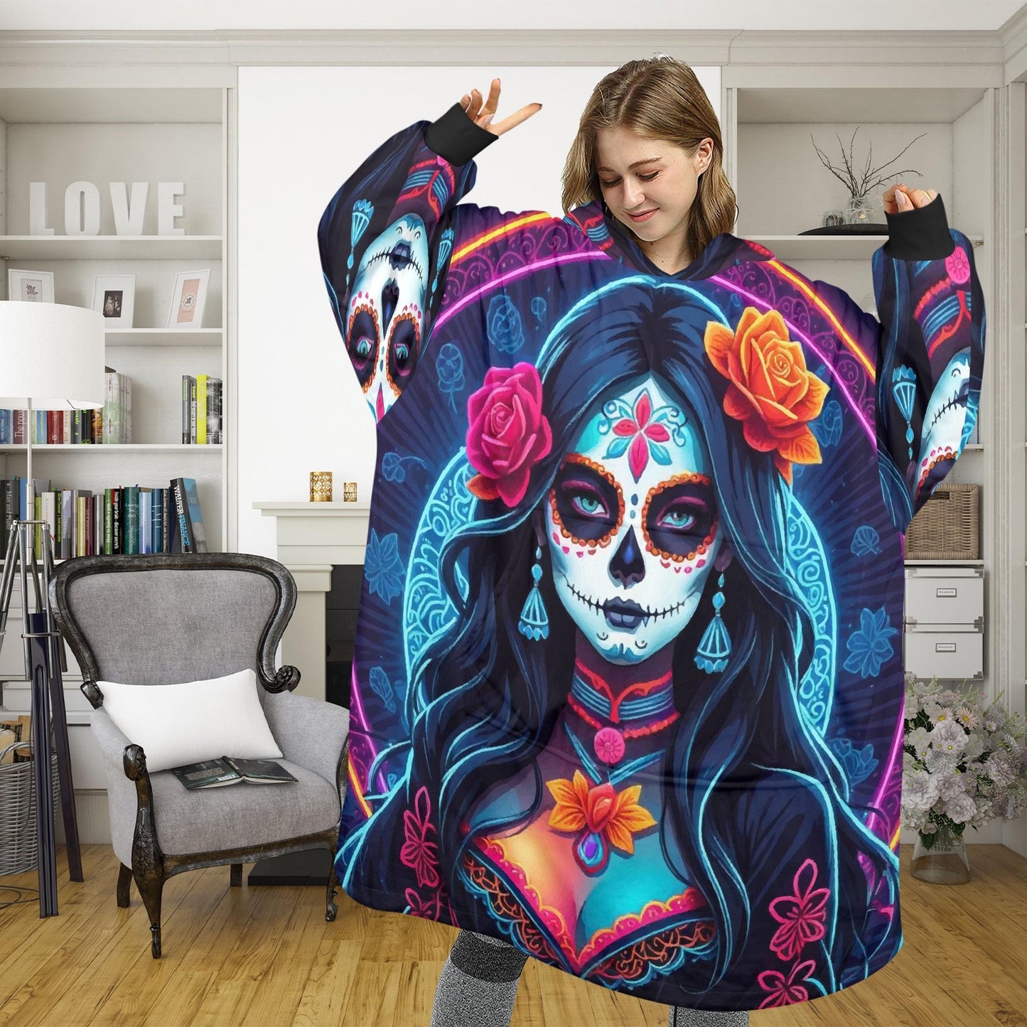 Day of the Dead Blanket Hoodie Día De Los Muertos Chicano Blanket