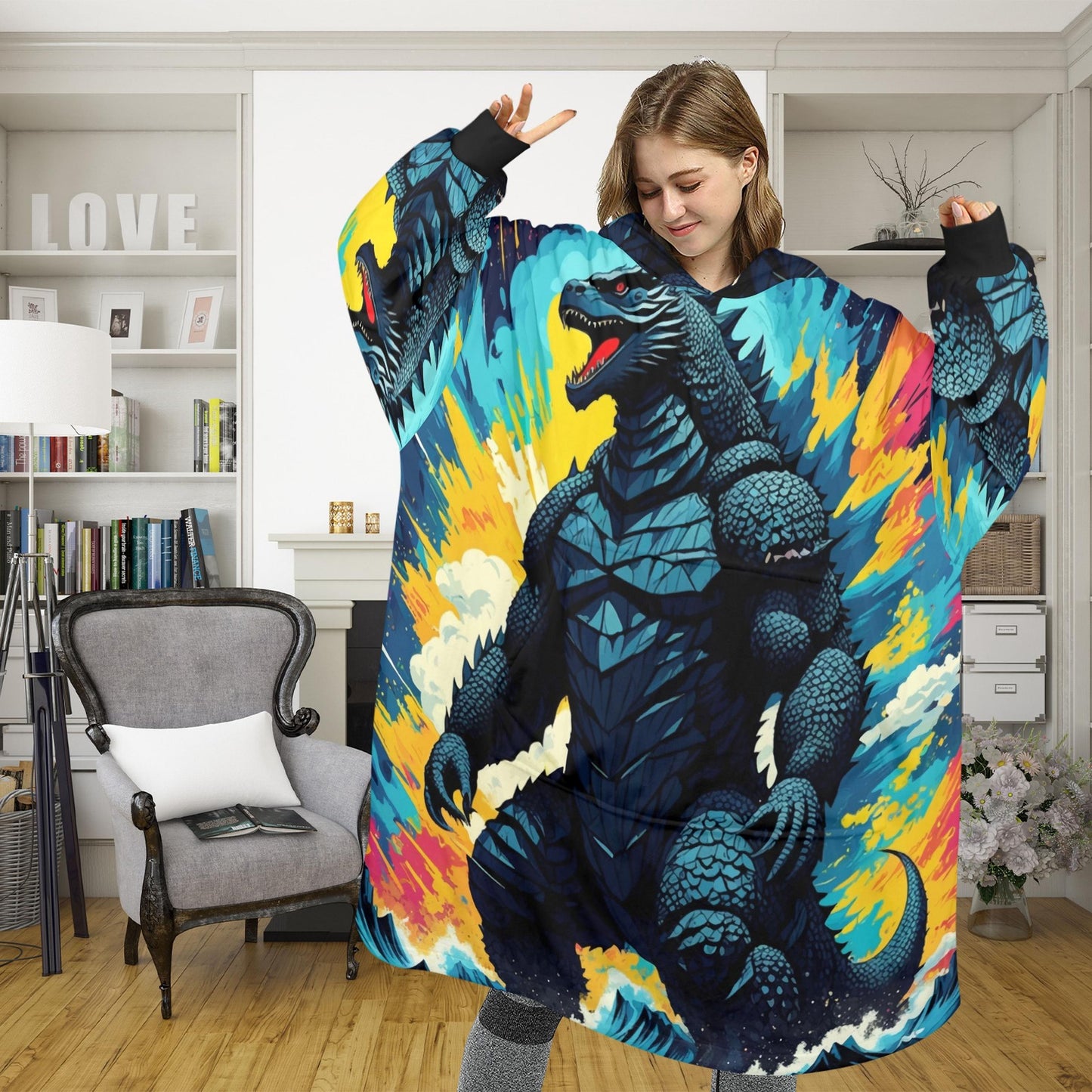 Godzilla Blanket Hoodie Vintage Kaiju Fleece Lounger
