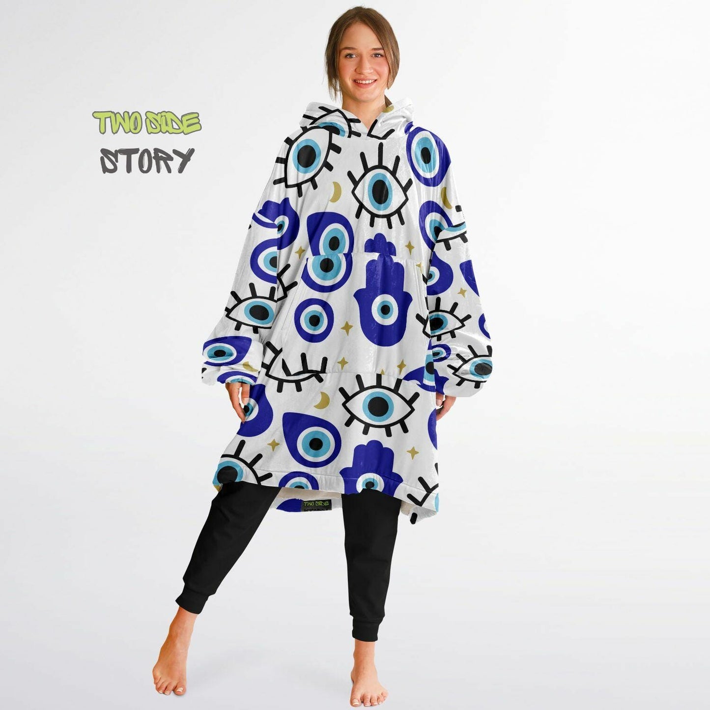 Novelty Evil Eye Print Snug Hoodie,Mykonos Eye Printed Hooded Blanket with Sleeves,Lounge Wear,Unique,Novelty Gifst,Birthday Christmas Gifts