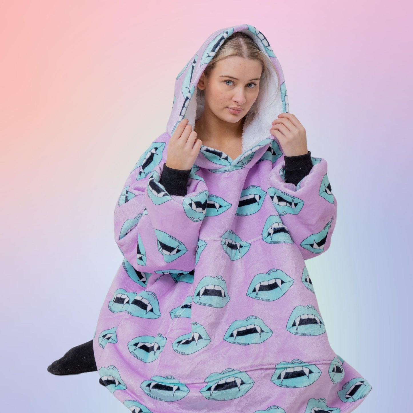 Vampire Lips Halloween Spooky Hoodie Blanket Oversized Thick Sherpa Hoodie Snugclub One Size