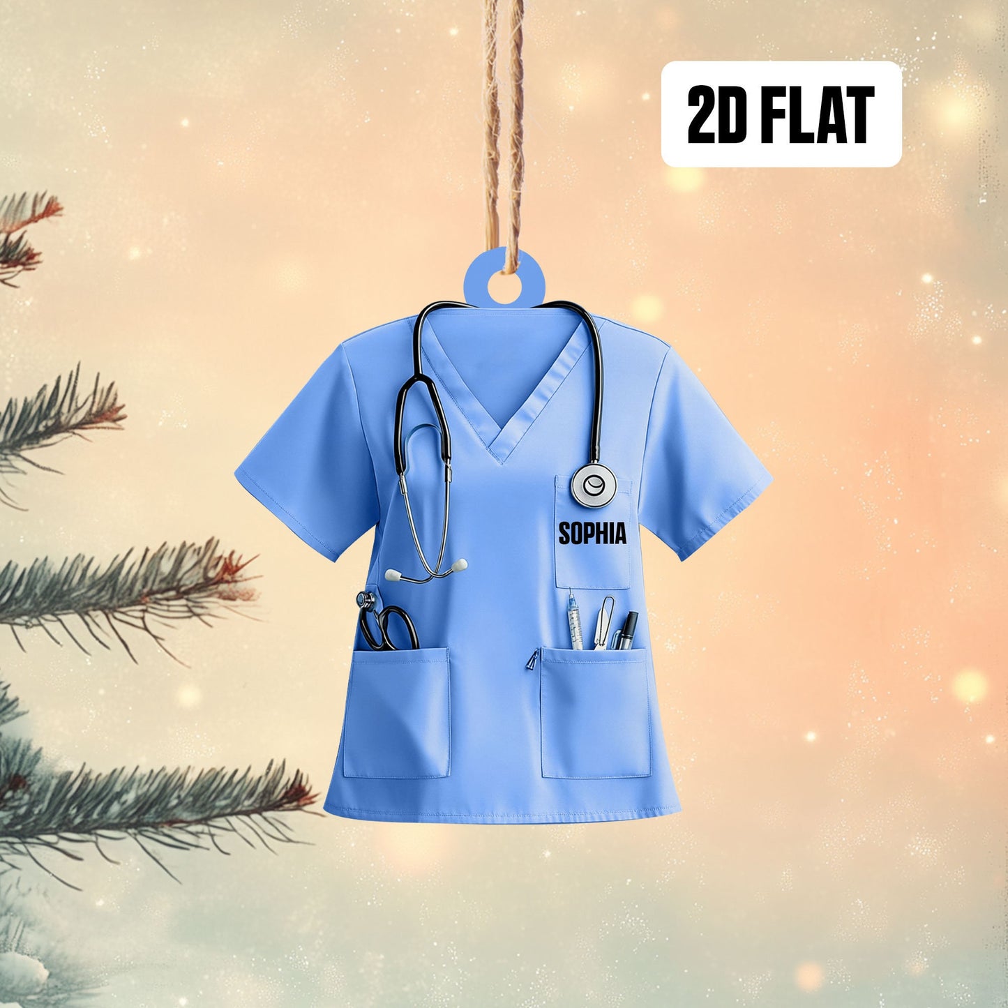 Personalized Nurse Scrubs 2D Flat Ornament, Custom Name Nurse Uniform Car Ornament, Nurse Gift For Nurse Flat Ornament, Stethoscope Nurse